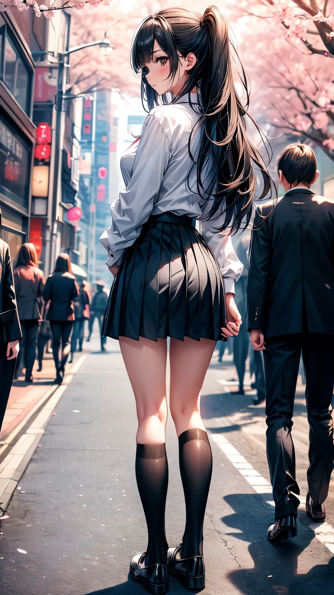 ((Ultra-delicate)), ((Ultra-detail)),(Be focused), (high resolution), Deformed depth of field blurred background, (Detailed background), Perfect layer cut, (full-body shot), rear View, a girl, one person, ((Japanese student)), slim figure, smooth skin, black long hair, slim legs, beautiful fingers, School uniform, white shirt, Black pleated student skirt, dark stockings, Dark student shoes, Background japan city, on street, outdoor , spring, morning, Cherry blossoms, flying Cherry blossoms, CG unity, 8k, Octane Render,