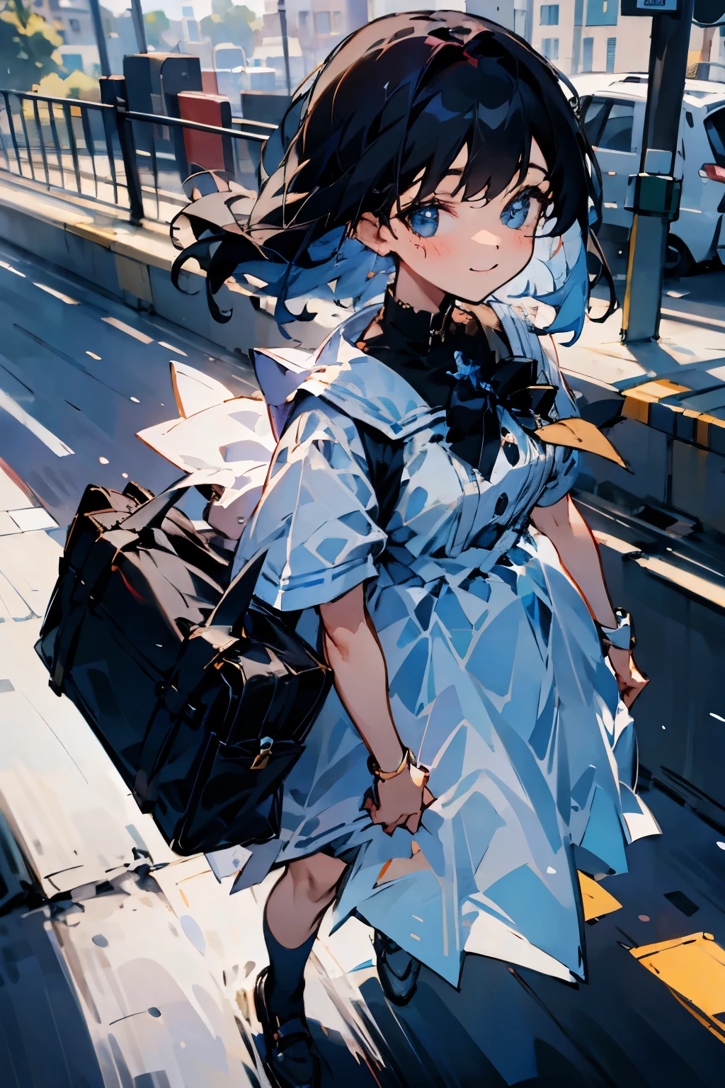 A high school girl walks down a residential street, carrying a bag in her hand, her face faithful to the LoRA model, bright and lively, basking in the morning sunlight. there is no bag on her back,soft Gentle expression, smiling face