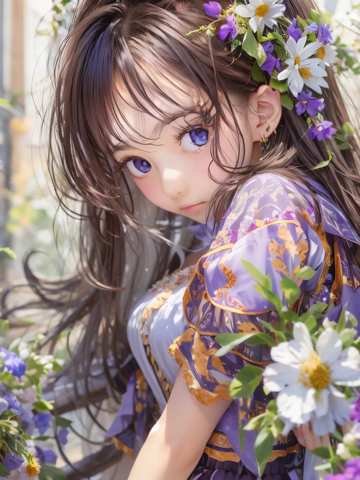 detailed face, cute face,brown eye, masterpiece, highest quality, Super detailed, figure, 1 girl,alone, image body, flower, looking at the viewer, purple eyes, eyes like jewels, very fine eyes, highly detailed face, star (null), purple energy, handrail