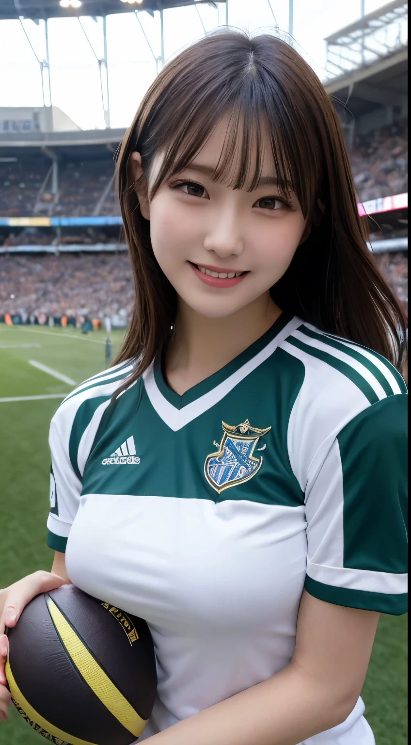 Tabletop, highest quality, figure, Very detailed, In detail, High resolution, 8k wallpaper, Perfect dynamic composition, Beautiful fine details, Brighton soccer uniform,Medium Hair, Center of chest, Natural color lip, Random sexy poses,smile,Football Stadium,Knight,Large Breasts,smile,support,大きなLarge Breasts,