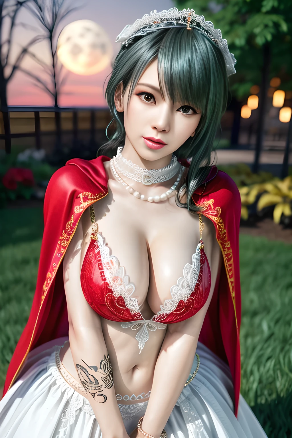 1 girl,lean over WINK,(Wearing Wedding Dress:1.2) ,(Wearing Jewel:1.2) ,( red lace_cloak:1.3),(Fluffs :1.4),(pearl bodychain:1.3),garden,nighttime,moon,( huge breasts ),cleavage,shiny skin,lip gloss,tattoos, masterpiece, best quality, realistic ,Surrealism,Rich artistic colors,natural colors art in 8k,3D,Portrait art,solo, tamaki