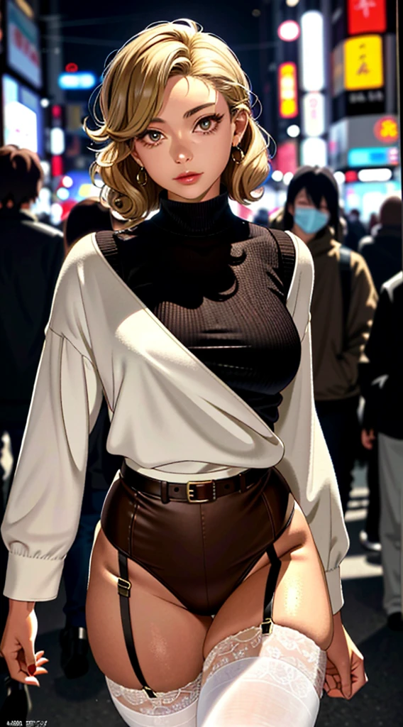 Full body figure、wear a brown turtleneck sweater(highest quality))、((masterpiece)、real skin glow、((((21 year old girl))))、Tokyo at night looking up from underground、Close-up view of loser with short blond curly hair)、(Wear white garter belt and opaque men'shorts)、wear red fishnet tights。A variety of dynamic and sexy poses have grown breasts、sunset、slight smile、((1 Shiny skin.7))