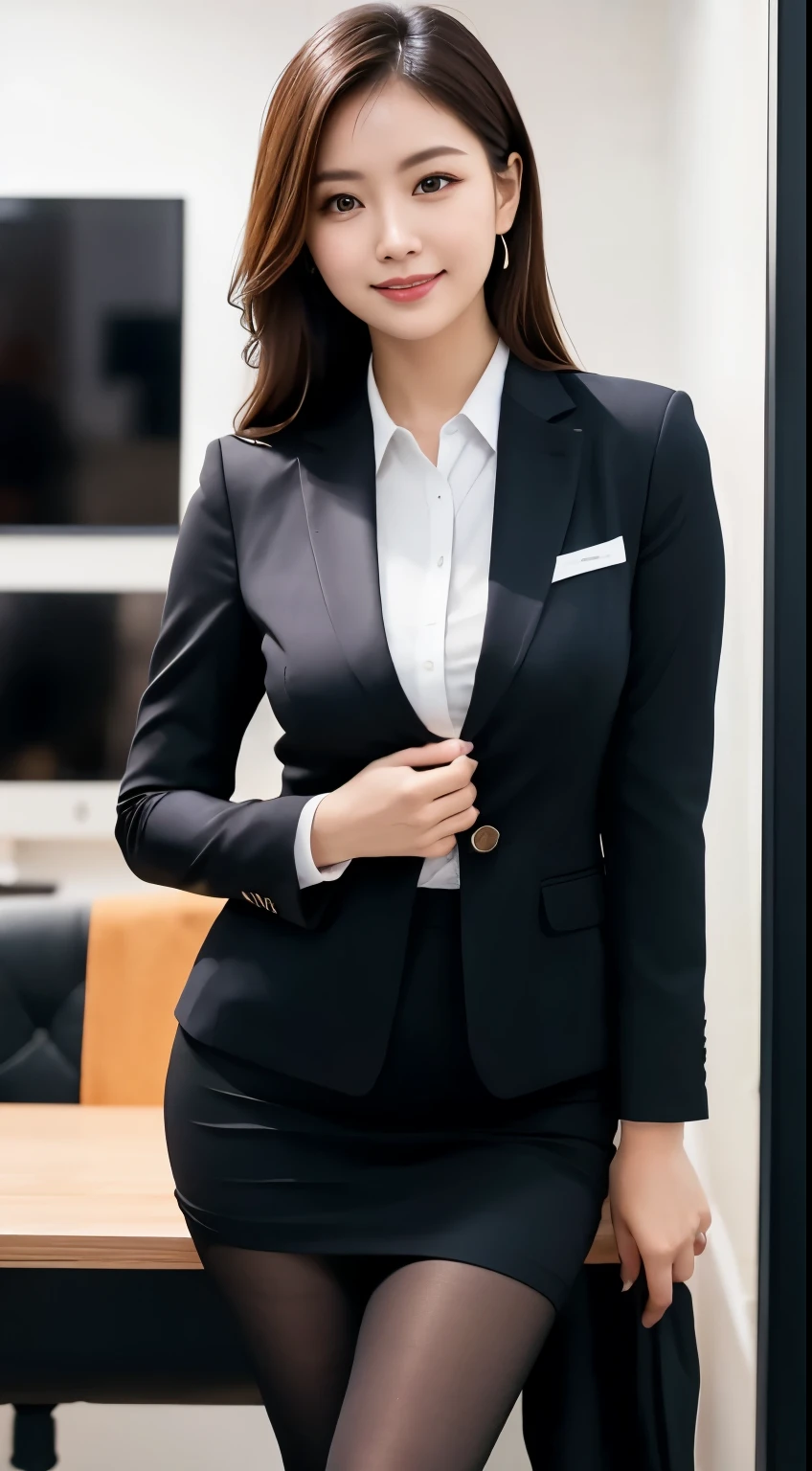 ulzzang-6500-v1.1, (RAW Photos:1.2), (Photorealistic), (Genuine:1.4), (Mastepiece), masterpiece, Absurd, The finer details, High resolution, Highly detailed face and eyes, Photorealistic, 白いbusiness suitを着たエレガントな女性, (Beautiful feet、Thighs Thighs Thighs Thighs、Black Pantyhose)、sitting at a desk in an office、厳格な白いbusiness suitを着用, Luxury Suits, Girl in suit, Girl in suit, Dressed in a strict suit, Elegant suits, Ekaterina, business suitを着て, business suit,　business suitを着用する, smile、Meeting Preparation、Vivid details, Super Detail, Realistic skin texture, Detailed aspect, Beautiful details in the eyes, (Detailed Background:1.2),Glowing Skin、Exposed thighs!!!