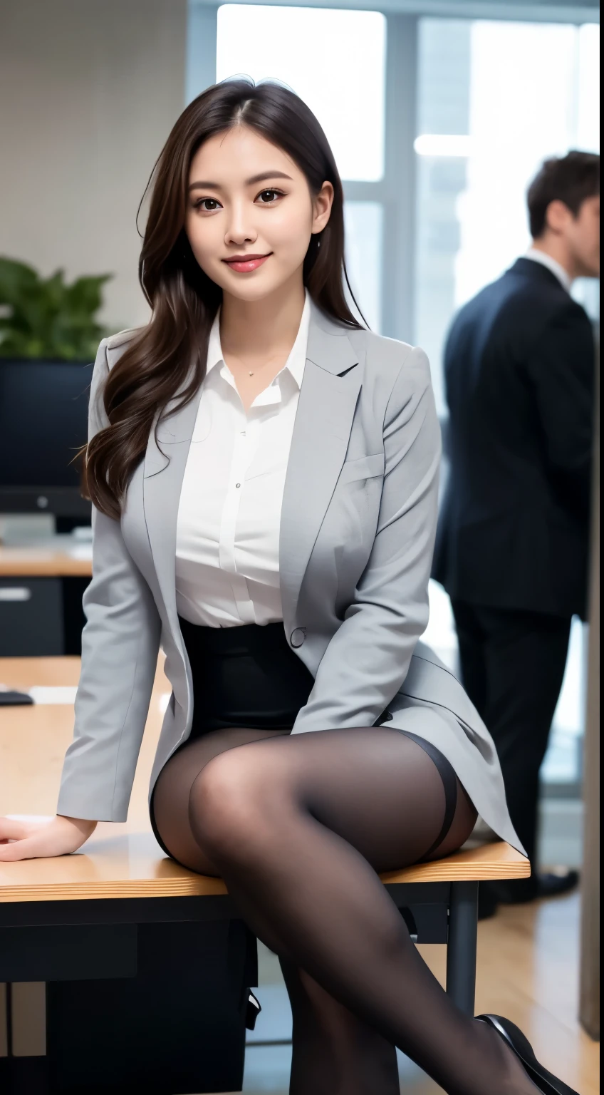 ulzzang-6500-v1.1, (RAW Photos:1.2), (Photorealistic), (Genuine:1.4), (Mastepiece), masterpiece, Absurd, The finer details, High resolution, Highly detailed face and eyes, Photorealistic, 白いbusiness suitを着たエレガントな女性, (Beautiful feet、Thighs Thighs Thighs Thighs、Black Pantyhose)、sitting at a desk in an office、厳格な白いbusiness suitを着用, Luxury Suits, Girl in suit, Girl in suit, Dressed in a strict suit, Elegant suits, Ekaterina, business suitを着て, business suit, business suitを着用する, smile、Meeting Preparation、Vivid details, Super Detail, Realistic skin texture, Detailed aspect, Beautiful details in the eyes, (Detailed Background:1.2),Glowing Skin、Exposed thighs!!!