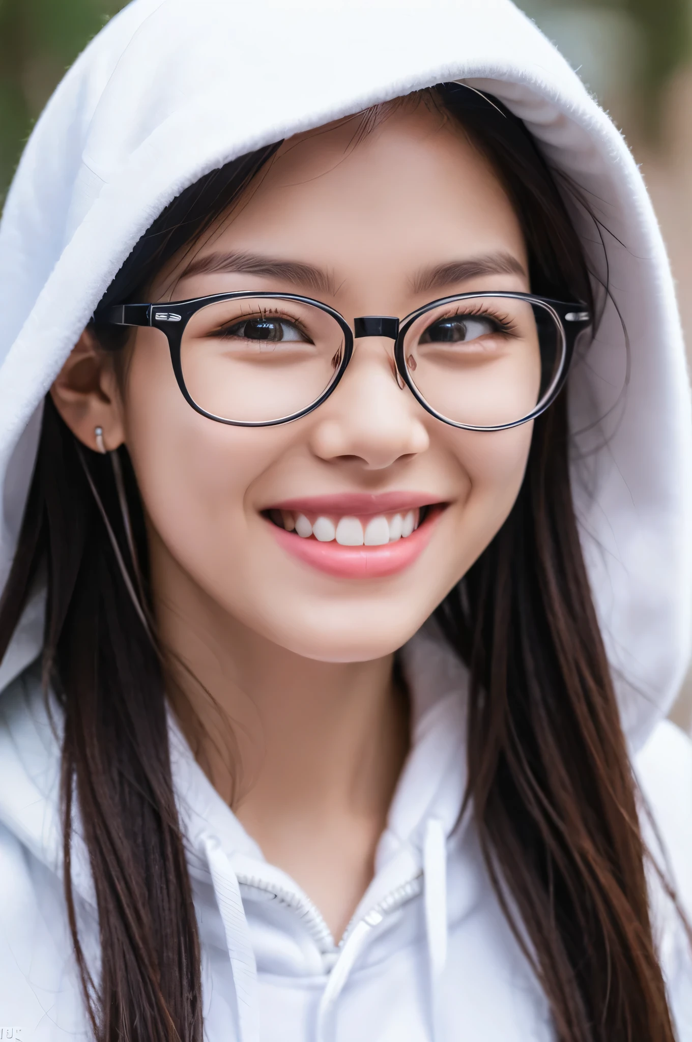 8k, realistic photo, realistic facial skin, girl, long black hair, glasses, white hoodie, close-up, smile