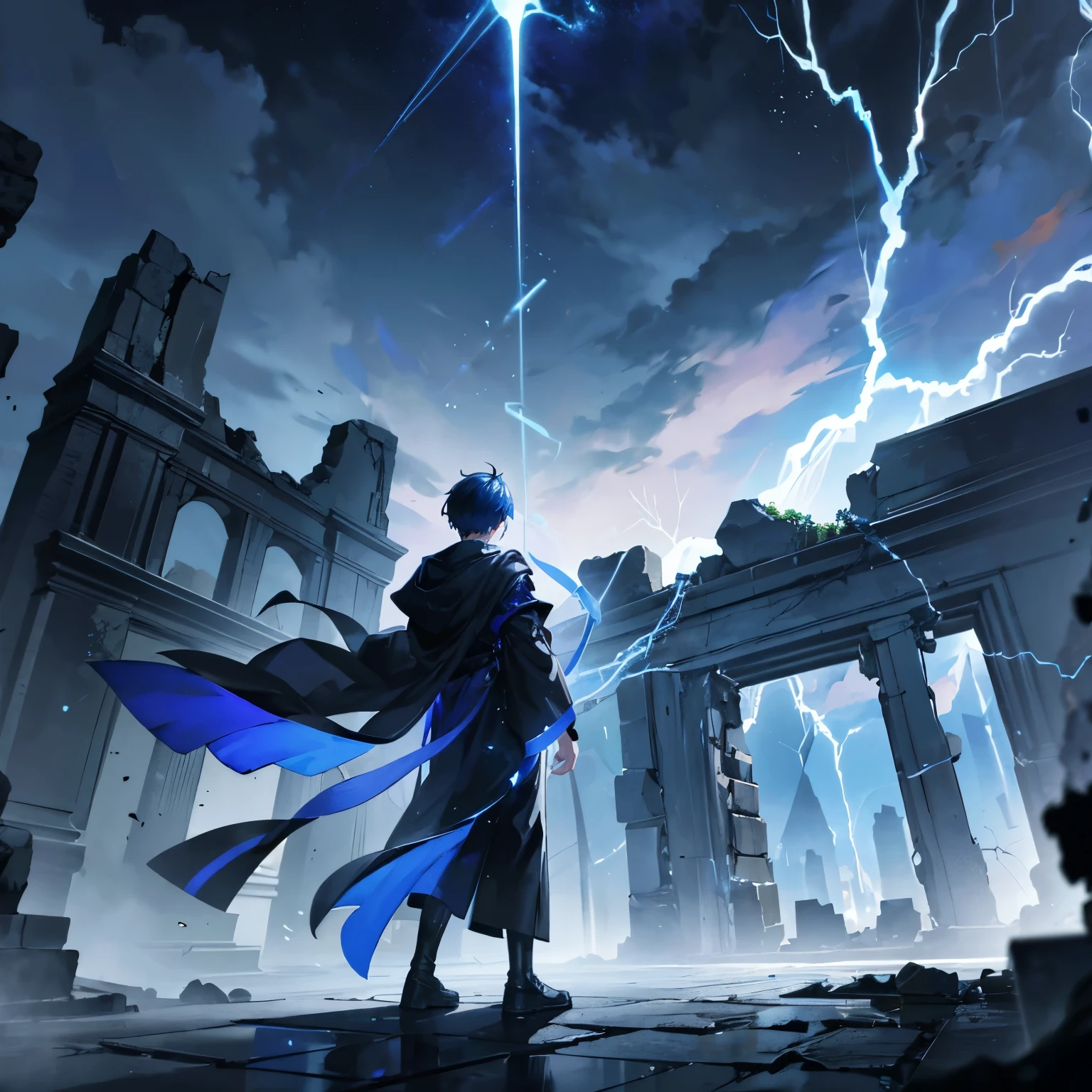 Boys,Back,Powerful aura,There is a blue arc flashing on the body,Back,Wearing black robe,Standing on the ruins,The person stands in the middle of the picture,Relatively far,Demonstrates strong control over lightning,Can't see the face,Only Back,Do not look back,looking up and forward,The aura of thunder and lightning emanates from the body