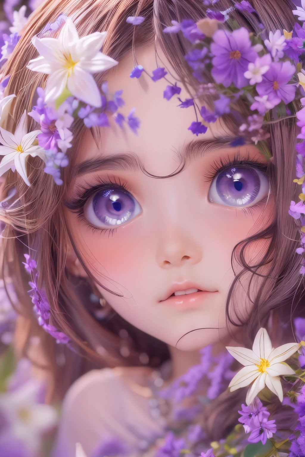 detailed face, cute face,brown eye, masterpiece, highest quality, Super detailed, figure, 1 girl,alone, image body, flower, looking at the viewer, purple eyes, eyes like jewels, very fine eyes, highly detailed face, star (null), purple energy, handrail