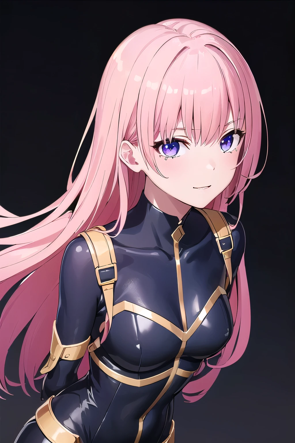 (8K, top-quality, masterpiece:1,2), (reallistic, Photorealsitic:1.37), Super Detail, One girl,), (Highly detailed), (beautifully detailed eyes), (of the highest quality), (super detailed ), (masterpiece), (Detailed face),20yr old, ,1 girl, ((pink hair,long hair)), medium breasts, clothed, Perfect Lighting, BREAK, (mysterious bodysuit:1.5), (dark queen:1.3), (glossy black:1.3), (burgundy tears:1.2), (high-neck:1.2), (cutout sleeves:1.1), (gold trim:1.2), (high-leg cutouts:1.3), (shiny leather:1.2), (gold ankle chains:1.2), (strappy heels:1.2), (gold choker:1.1), (statement bangles:1.1), BRAKE, (high quality:1.5), (upper body and knees:1.2), (pink long hair:1.2), (mysterious expression:1.2), (enticing smile:1.1), (facing forward:1.1), (seductive pose:1.3), (dark background:1.2), (royal blue:1.1), (purple hues:1.1), (low lighting:1.2), (contrasting shadows:1.2), BRAKE