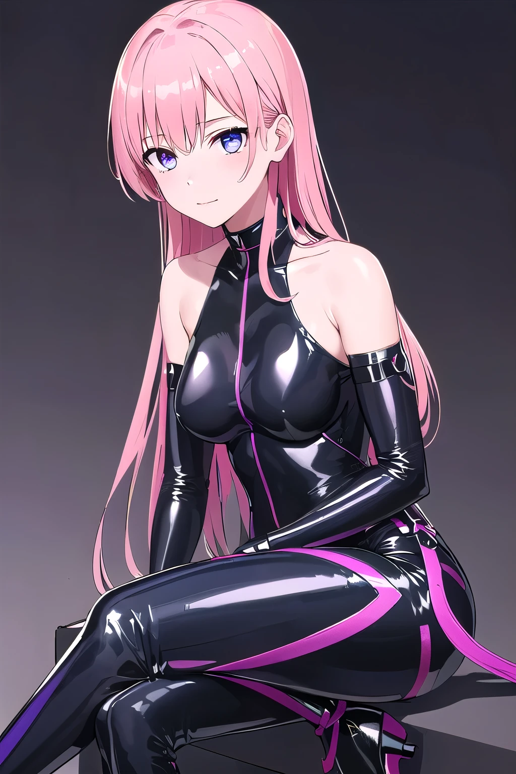 (8K, top-quality, masterpiece:1,2), (reallistic, Photorealsitic:1.37), Super Detail, One girl,), (Highly detailed), (beautifully detailed eyes), (of the highest quality), (super detailed ), (masterpiece), (Detailed face),20yr old, ,1 girl, ((pink hair,long hair)), medium breasts, clothed, Perfect Lighting, BREAK, (mysterious bodysuit:1.5), (dark queen:1.3), (glossy black:1.3), (burgundy tears:1.2), (high-neck:1.2), (cutout sleeves:1.1), (gold trim:1.2), (high-leg cutouts:1.3), (shiny leather:1.2), (gold ankle chains:1.2), (strappy heels:1.2), (gold choker:1.1), (statement bangles:1.1), BRAKE, (high quality:1.5), (upper body and knees:1.2), (pink long hair:1.2), (mysterious expression:1.2), (enticing smile:1.1), (facing forward:1.1), (seductive pose:1.3), (dark background:1.2), (royal blue:1.1), (purple hues:1.1), (low lighting:1.2), (contrasting shadows:1.2), BRAKE