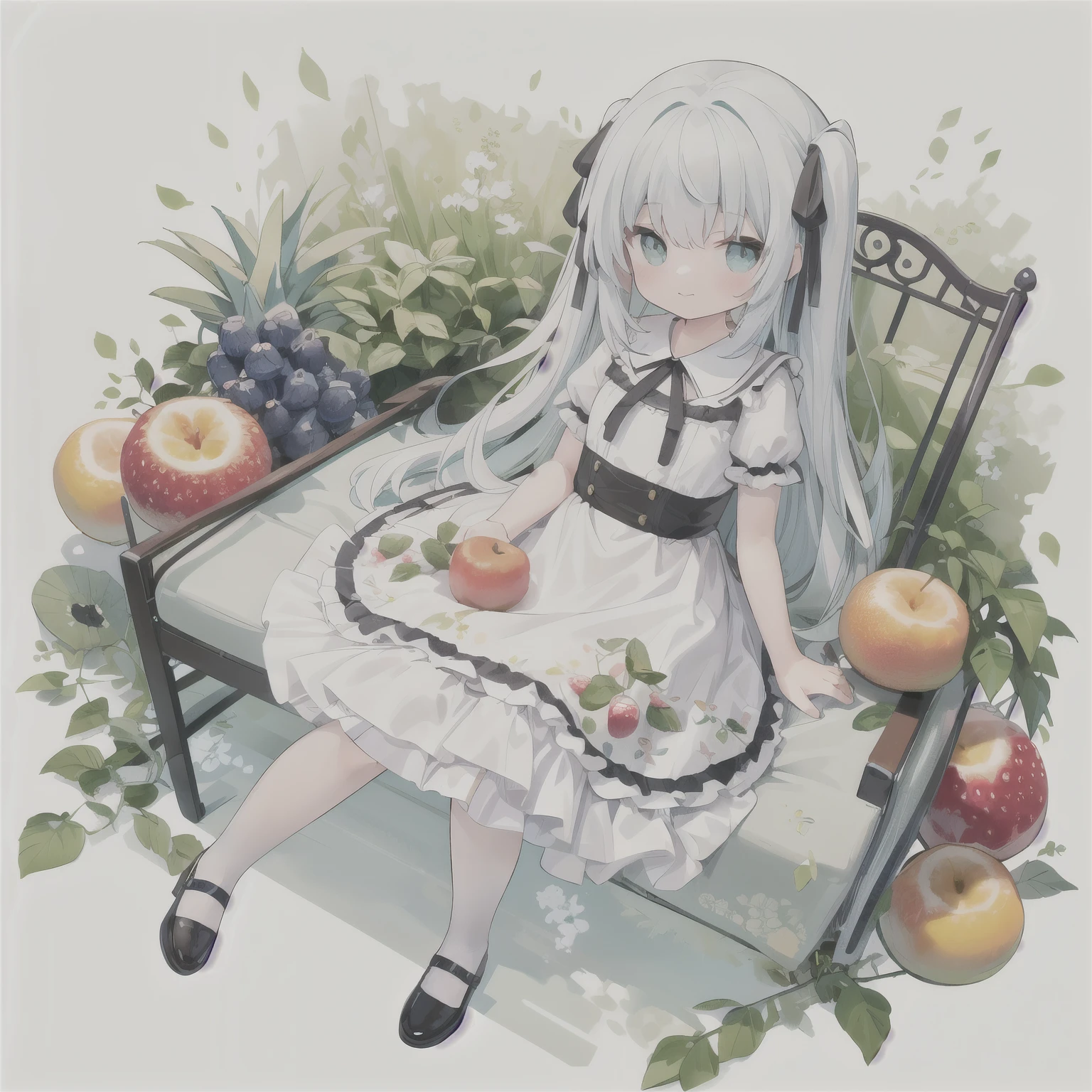 highest quality,(cute:1.1),(cute),(High resolution:1.2),Incredibly absurd:1.3,Incredible illustrations, 1 girl, alone, (fruit:1.5), (dress:1.2), A faint smile, (cute illustration:1.2), (Fluffy illustration:1.2), whole body,Dutch Angle、Sit on a chair、ribbon、ボリュームdress、Transparency