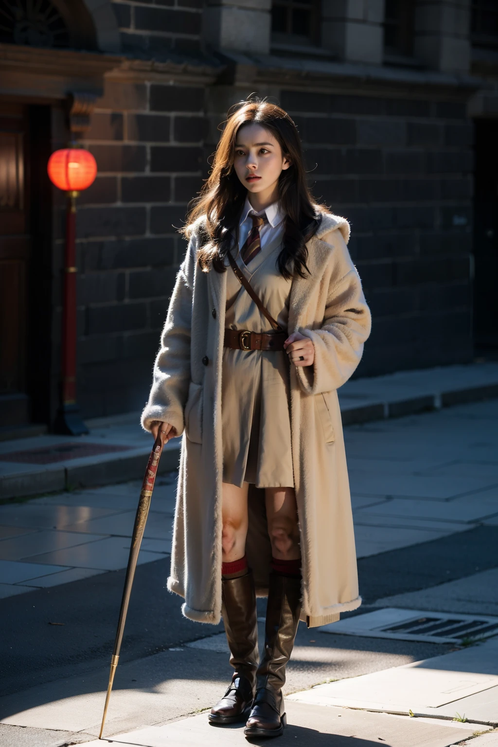 ,Hermione, the protagonist of the Harry Potter movies,Dressed in Hogwarts wizarding attire,Holding a magic wand,Standing on the Great Wall and turning into a Chinese dragon