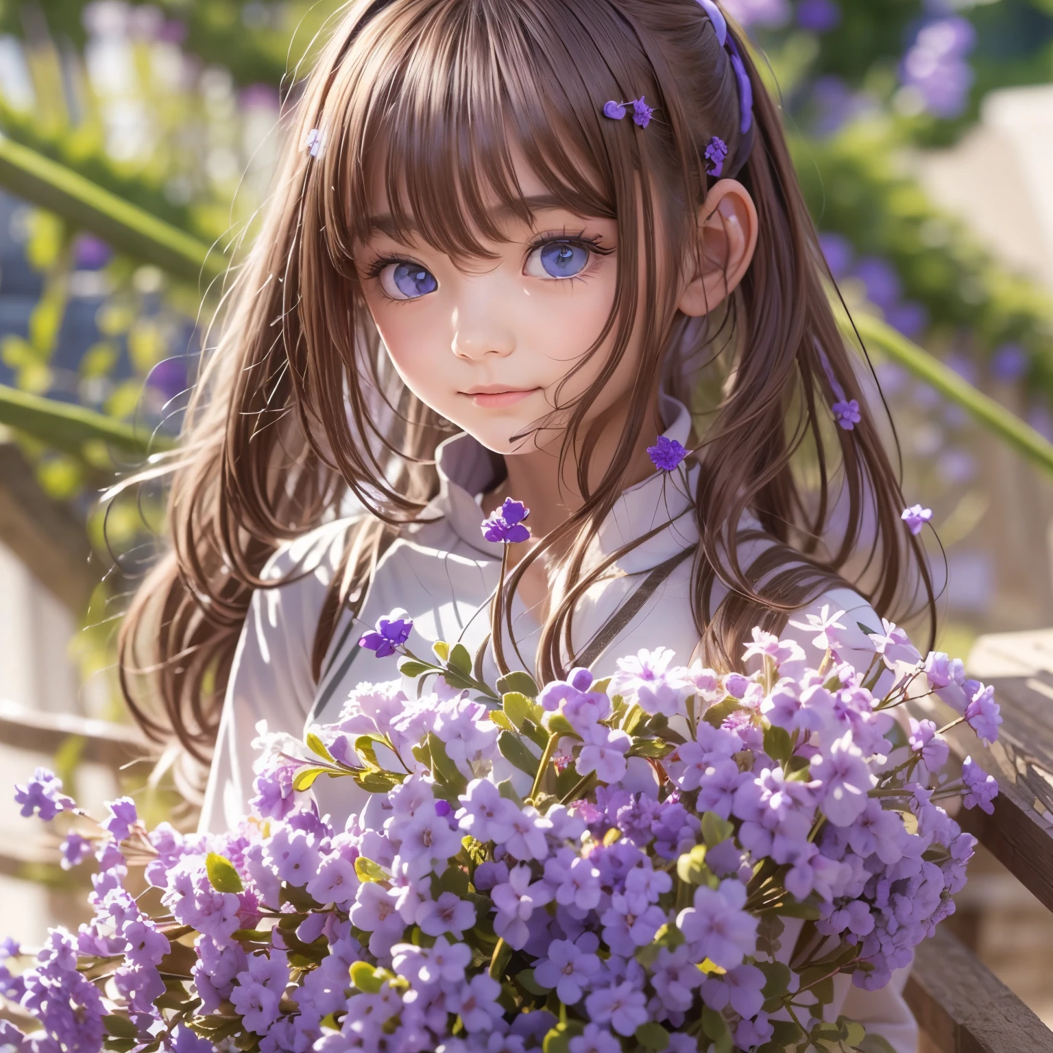 detailed face, cute face,brown eye, masterpiece, highest quality, Super detailed, figure, 1 girl,alone, image body, flower, looking at the viewer, purple eyes, eyes like jewels, very fine eyes, highly detailed face, star (null), purple energy,  handrail