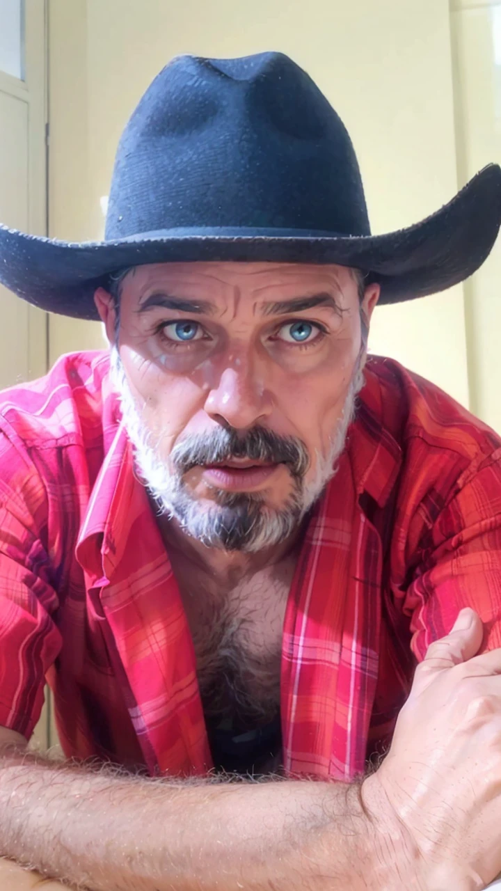 Ultra-realistic, 4K, foto profissional, de 50 anos, homem moreno, cabelo calvo,cowboy hat, HDR, rosto detalhado, medium body, (camisa roxa com lista suave), obra de arte, (lighting), (1 solo), fundo de floresta, Fundo realista, foto realista