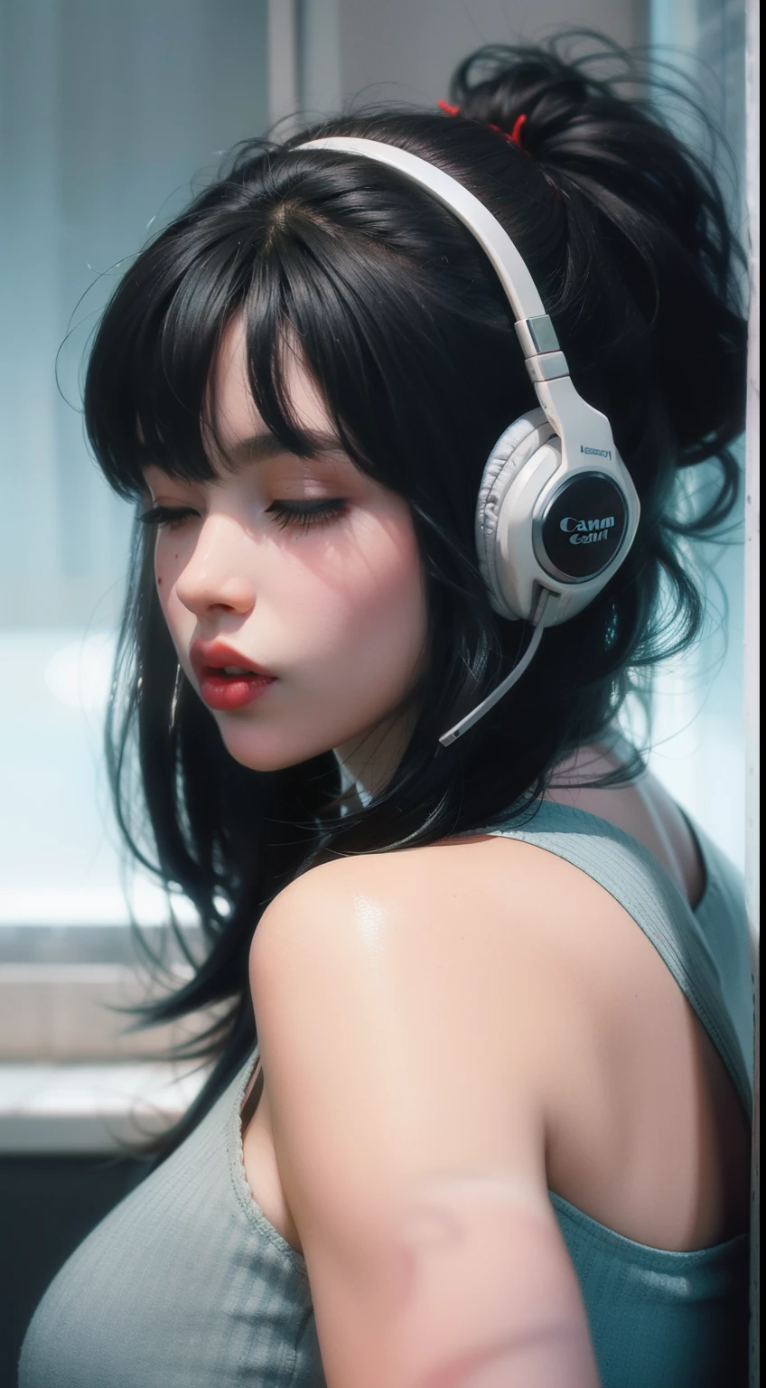 Medium Hair, Shiny Hair, floating hair, bangs, hair band, hair flower, Headphones, Whistle around the neck, Mole under the eye, Heart-shaped pupils, Pupils dilate, half-closed eyes, Earrings, heart Earrings, blush, shy, Lips parted, Licking lips, full blush, Heavy breathing, Ahegao, Verism, Hyperrealism, Surrealism, depth of field, f/1.2, 135mm, Canon, foreshortening, UHigh resolution, retina, masterpiece, Accurate, Anatomically correct, Textured skin, Super Detail, Attention to detail, high quality, Awards, 最high quality, High resolution, 1080p, High resolution, 4K, 8k, 16k, Tank top