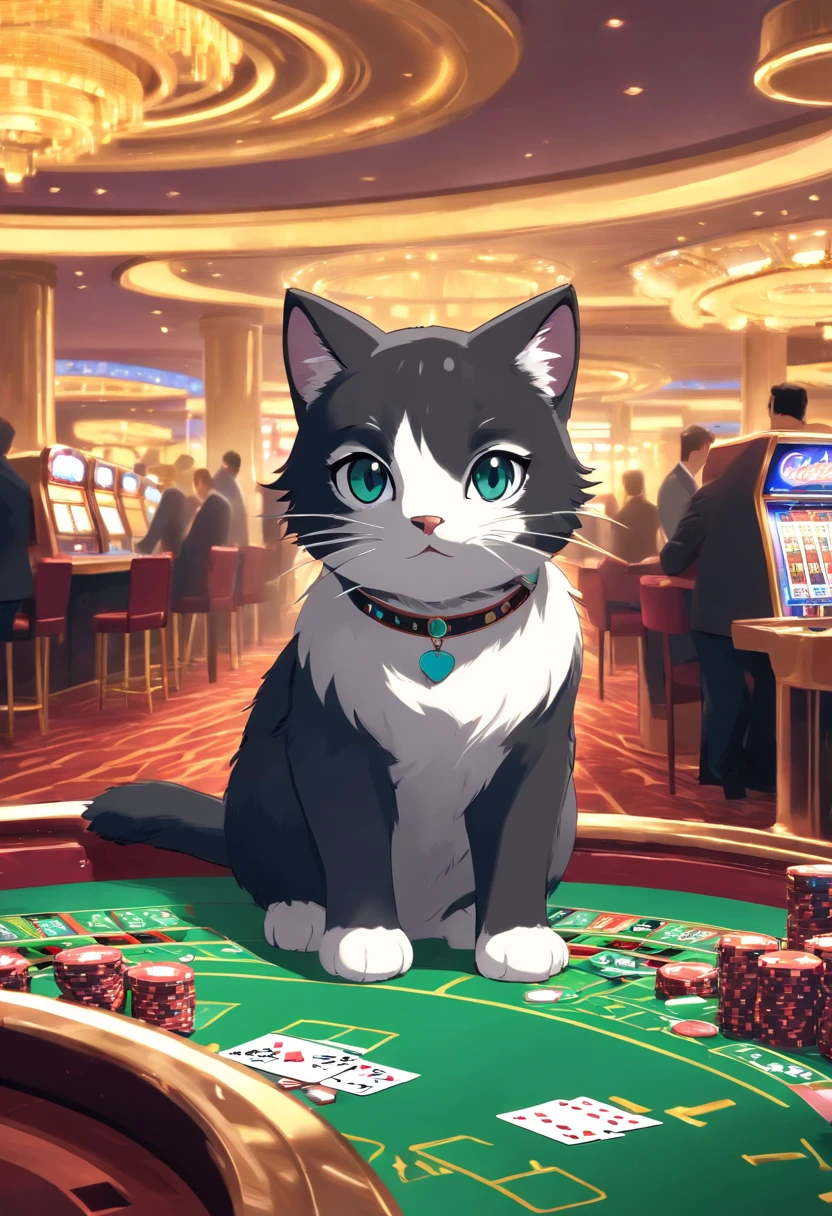black and white kitten visits the casino(Schottische Faltohrkatze)