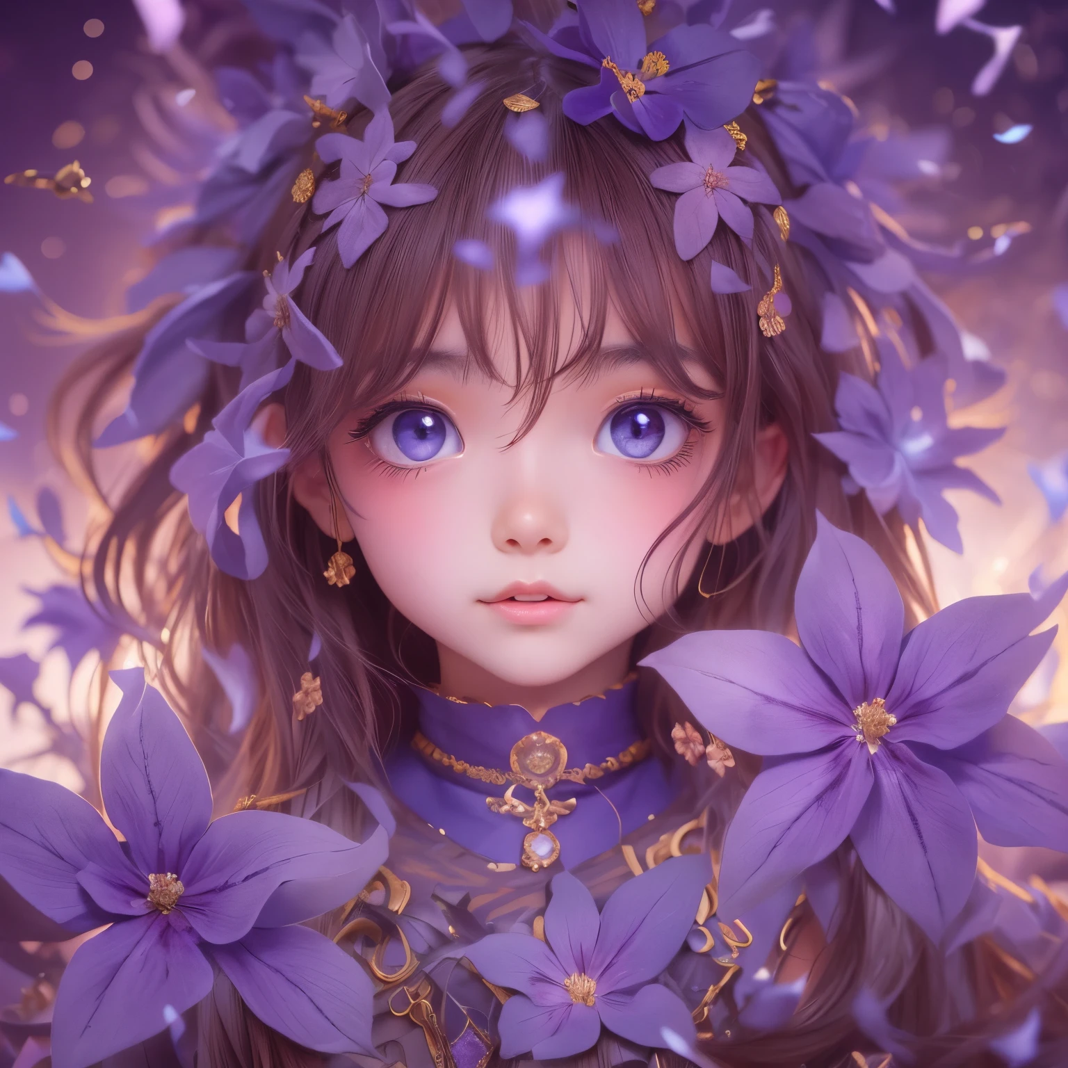 detailed face, cute face,brown eye, masterpiece, highest quality, Super detailed, figure, 1 girl,alone, image body, flower, looking at the viewer, purple eyes, eyes like jewels, very fine eyes, highly detailed face, star (null), purple energy, handrail