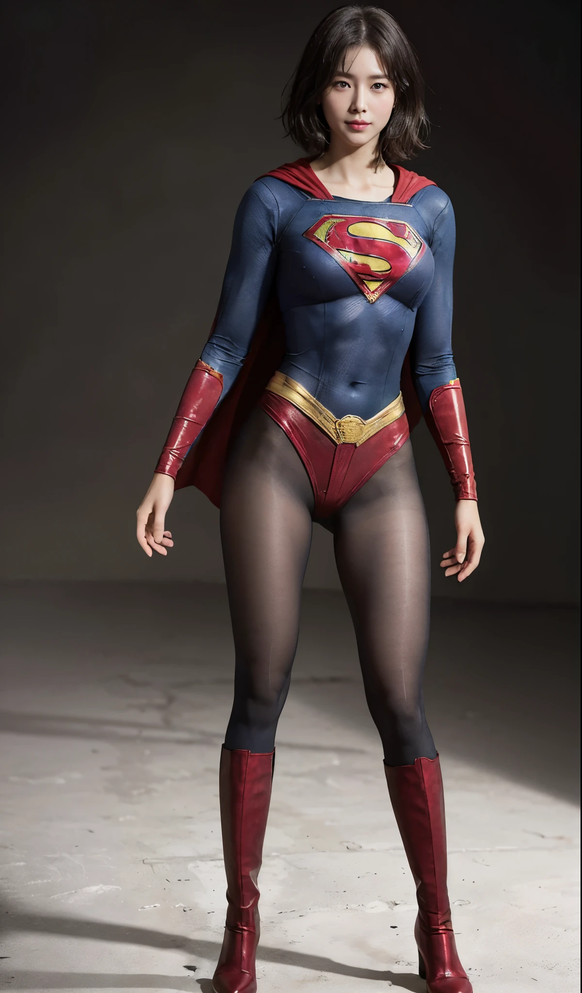 No background、(((Beautiful legs in black tights.)))、(((Legally express the beauty of your smile)))、((((Make the most of your original images)))、(((Supergirl Costume)))、(((Beautiful Short Hair)))、(((suffering)))、(((Please wear black tights....、Wear red boots)))、((Best image quality、8k))、((highest quality、8k、masterpiece:1.3))、(((Preserve background )))、Sharp focus:1.2、Beautiful woman with perfect figure:1.4、Slim Abs:1.2、Wet body:1.5、Highly detailed face and skin texture、8k