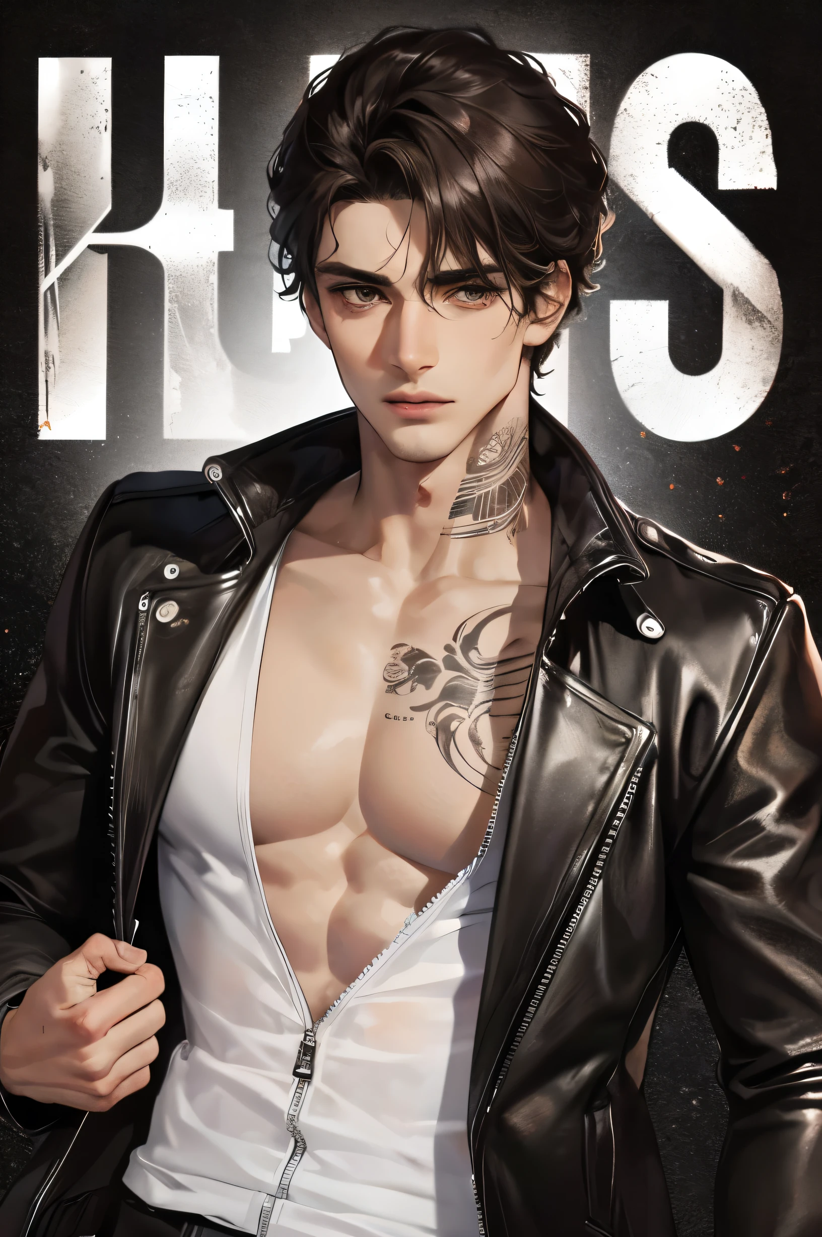 cover for a book, photography of a sexy rider man, a solo man, (((man))), (masculine face), 25 years old, motor rider, big bad boy, (brown eyes), expressive look, curly black hair, (((dark background))), shine hair, unshaven, leather jacket, tattoos, super detailed face, perfect body, perfect shapes, realistic image, award winning photography, 8k,