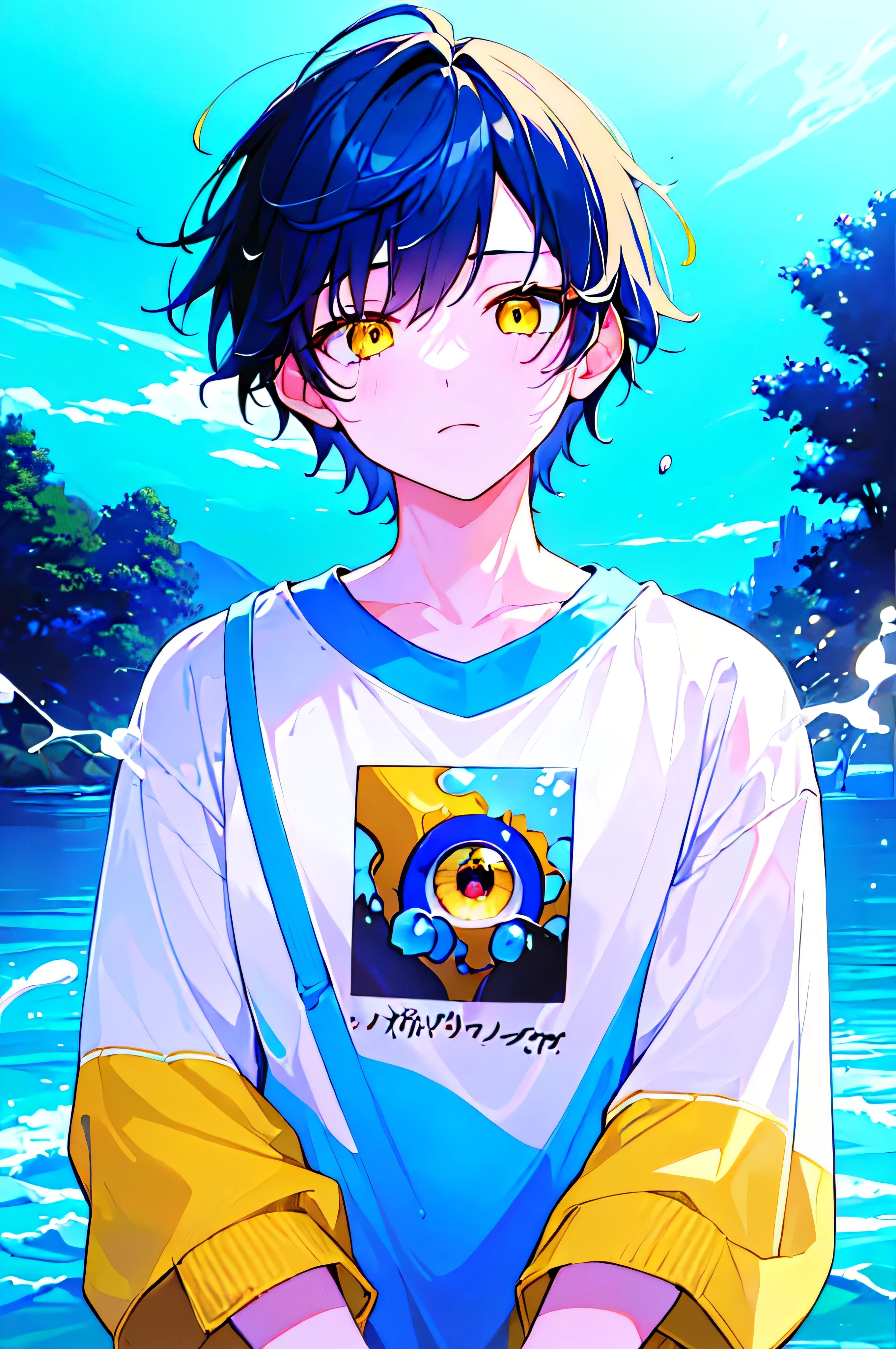 [(BLUESKY SEA BACKGROUND:1.5),::5], ((((masterpiece)))), high quality, very_high_resolution, large_filesize, upper body, full color, ((younger boy)), , short deepblue hair, vivid color, ((yellow eye)), Summer clothes white, animestyle, (NeonSoda Splash effect:1.3)