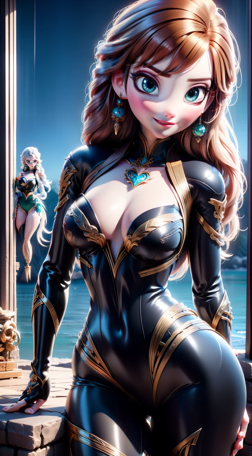 1 kawaii anime girl, nsfw, japanese girl, solo, bright aqua eyes, glasses, eyelids, blush, seductive smile, naughty expression, red lips, cute hair bangs, bob short hairstyle, bright aqua hair, heart shape earings, collar, collarbone, sexy body, slim waist, navel, natural medium breast, cleavage, navel, flat chest, cleavage, detailed erotic dress, pink color knight armor, gold and black color ornament on the dress, erotic pose, looking at viewer, flat green background, upper body