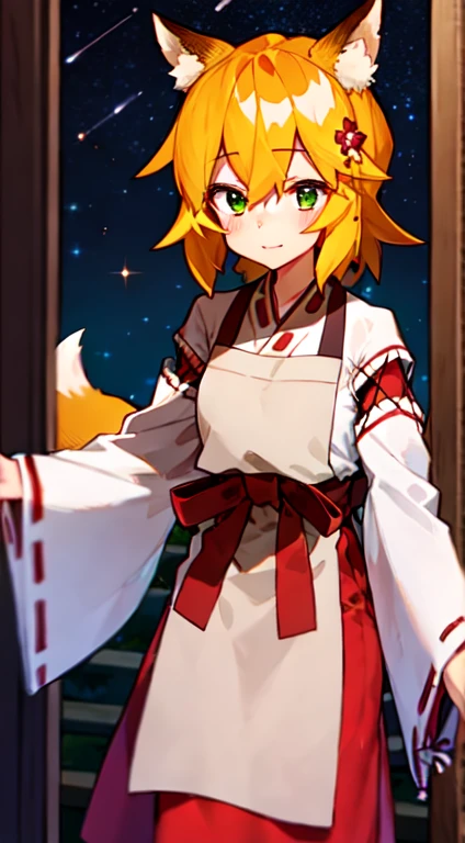Ultra-detaillierte Sternennachtszene, extrem fokussiertes Bild, (detailliertes Licht: 1.05), a fox girl with orange hair, Kleine Statur, Allein, Kimono, miko, Fuchsohren und Schwanz, Blumen Haarschmuck, blickte verwundert in ihre knackigen, shining emerald green eyes, enchanted smile on her flawless face, blendend klarer Nachthimmel mit zwei scharfen, detaillierte Monde, brilliantly vibrant constellations swirl above us, Noten von sattem Purpur, Blue and green fill the clear sky, represents her sense of awe and hope, Elegant beauty, meisterhafte Tiefe, Texturen und Details