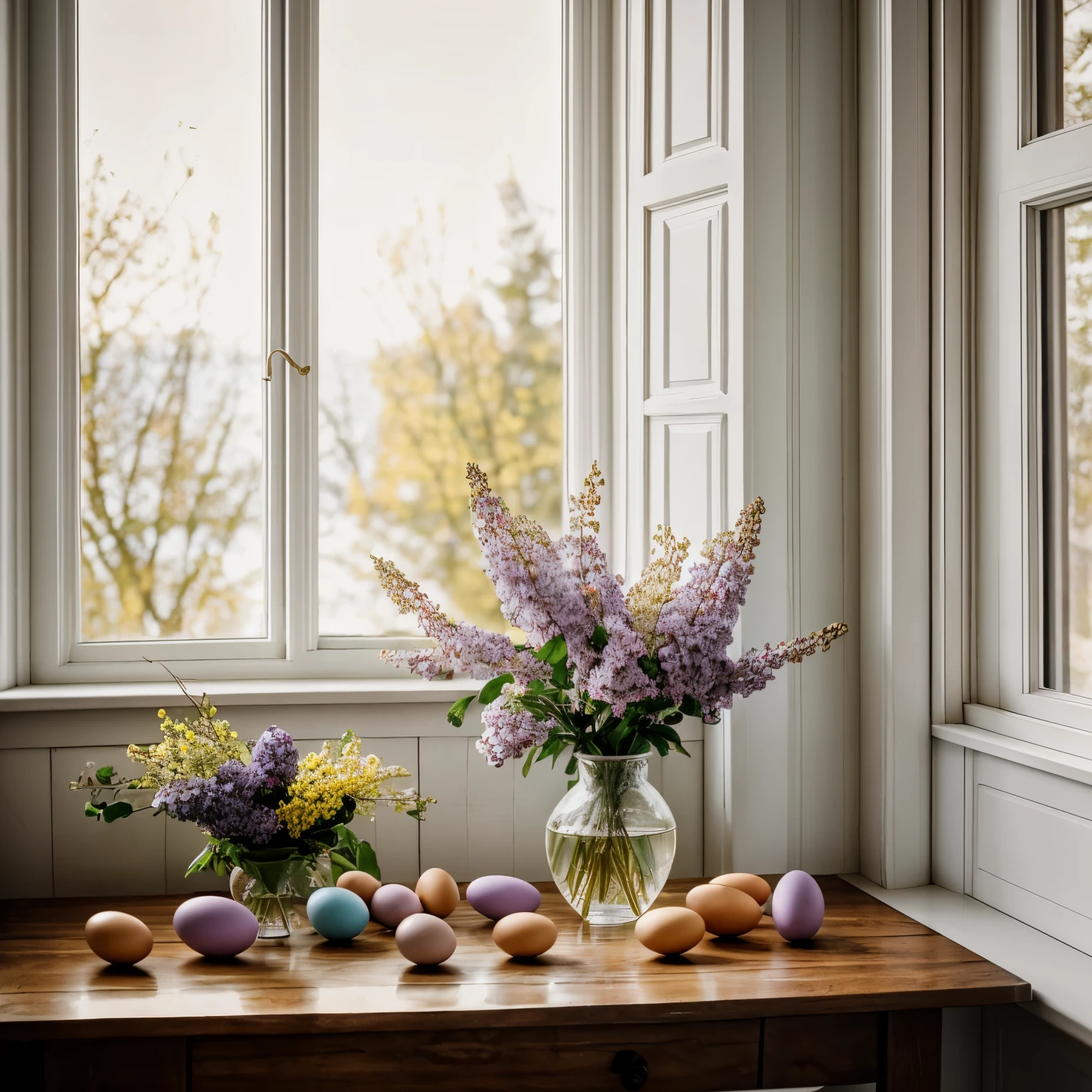 Orthodox Easter, russian country house, wooden table, colorful eggs, Easter cake, lilac branches in a glass vase, window, spring, garden, sunlight, film photography, fujii 400, cozy, rural
