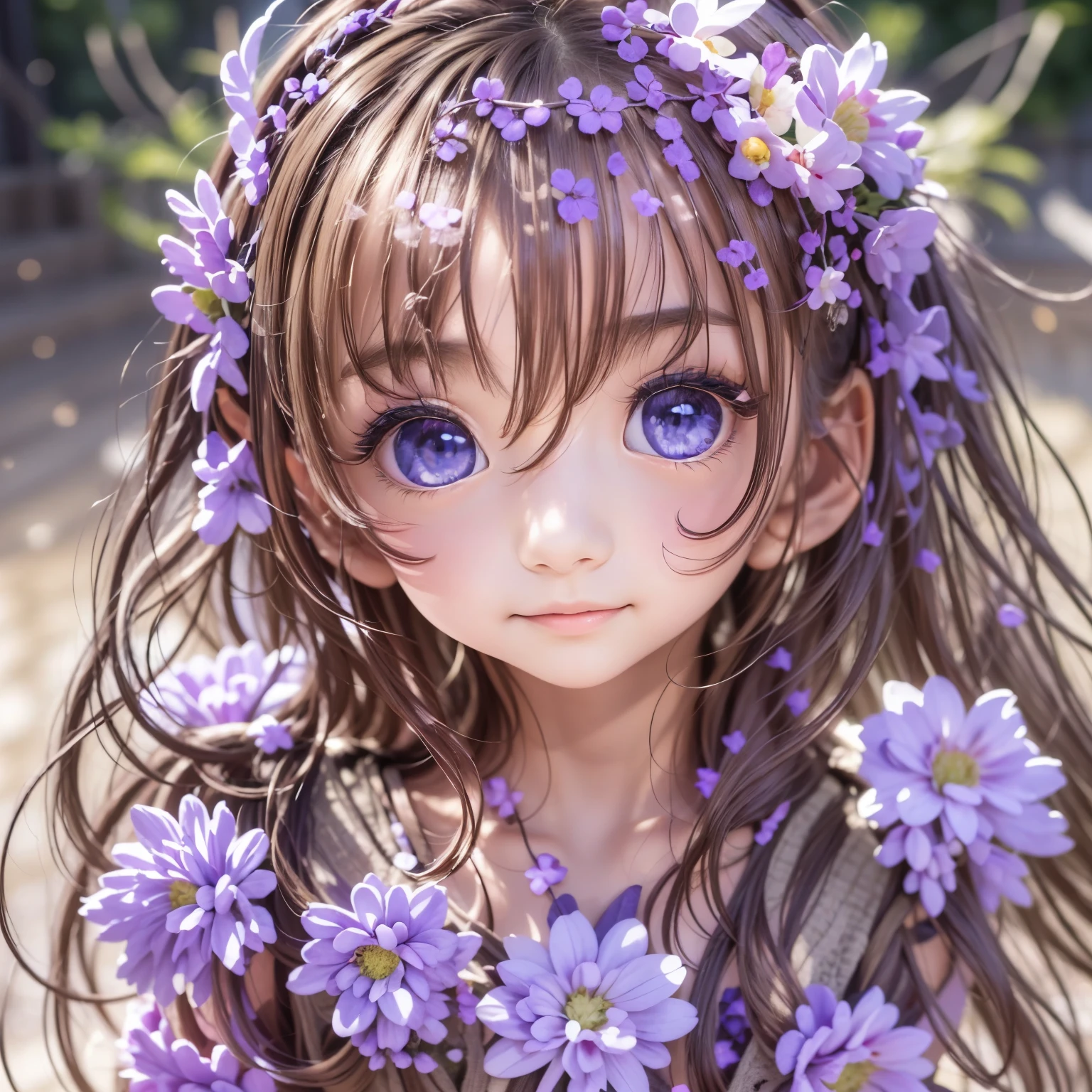 detailed face, cute face,brown eye, masterpiece, highest quality, Super detailed, figure, 1 girl,alone, image body, flower, looking at the viewer, purple eyes, eyes like jewels, very fine eyes, highly detailed face, star (null), purple energy, handrail
