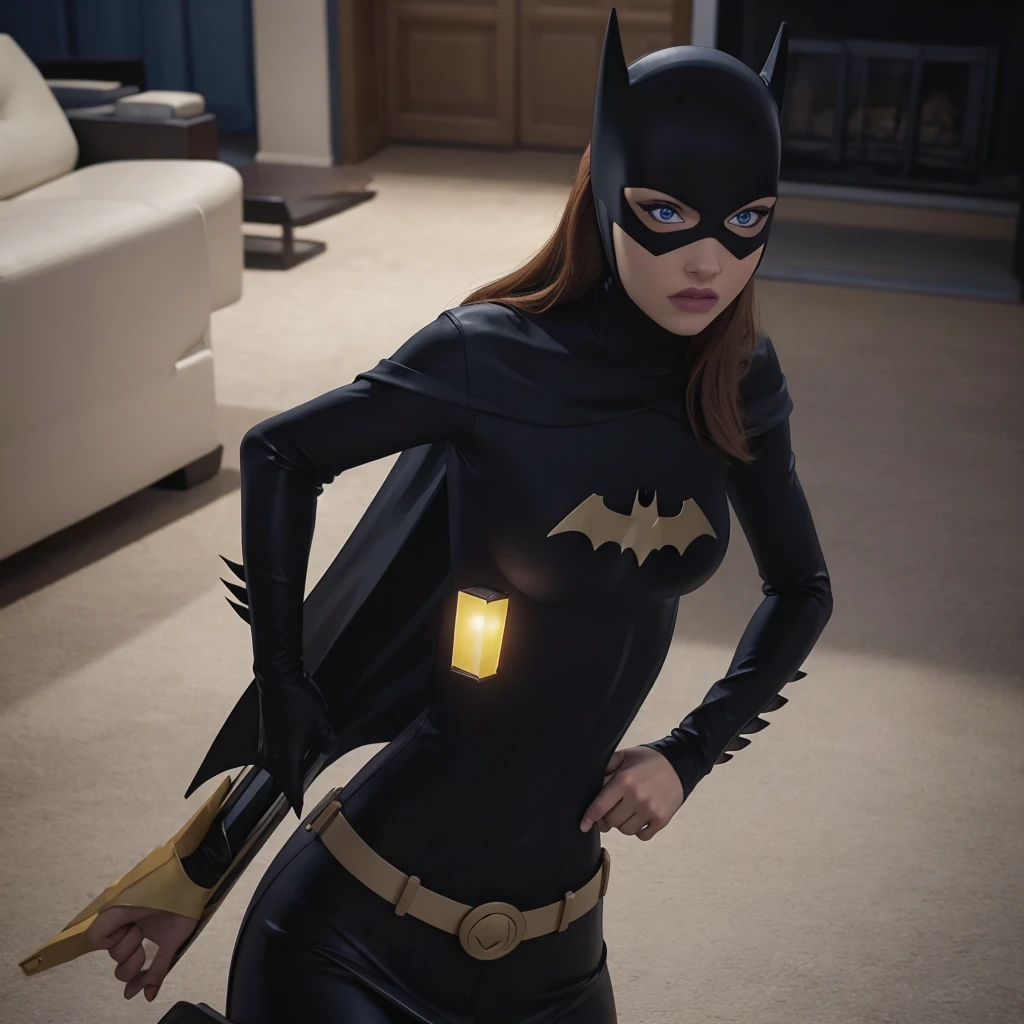 (masterpiece, high quality) woman,black leather turtleneck, grey skirt,looking at viewer, perfect face, suits Navy blue, crystal blue eyes, eyelashes, makeup,yellow batsymbol in chest ,yellow batman symbol on chest