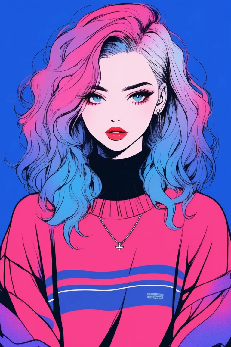 (best quality, sketch:1.2),realistic,illustrator,anime,1 girl, detailed lips,sweater,custom,blue gradient background,neon hair,textured cropping,Canadian, masterpiece, style retro classic, noir dark 