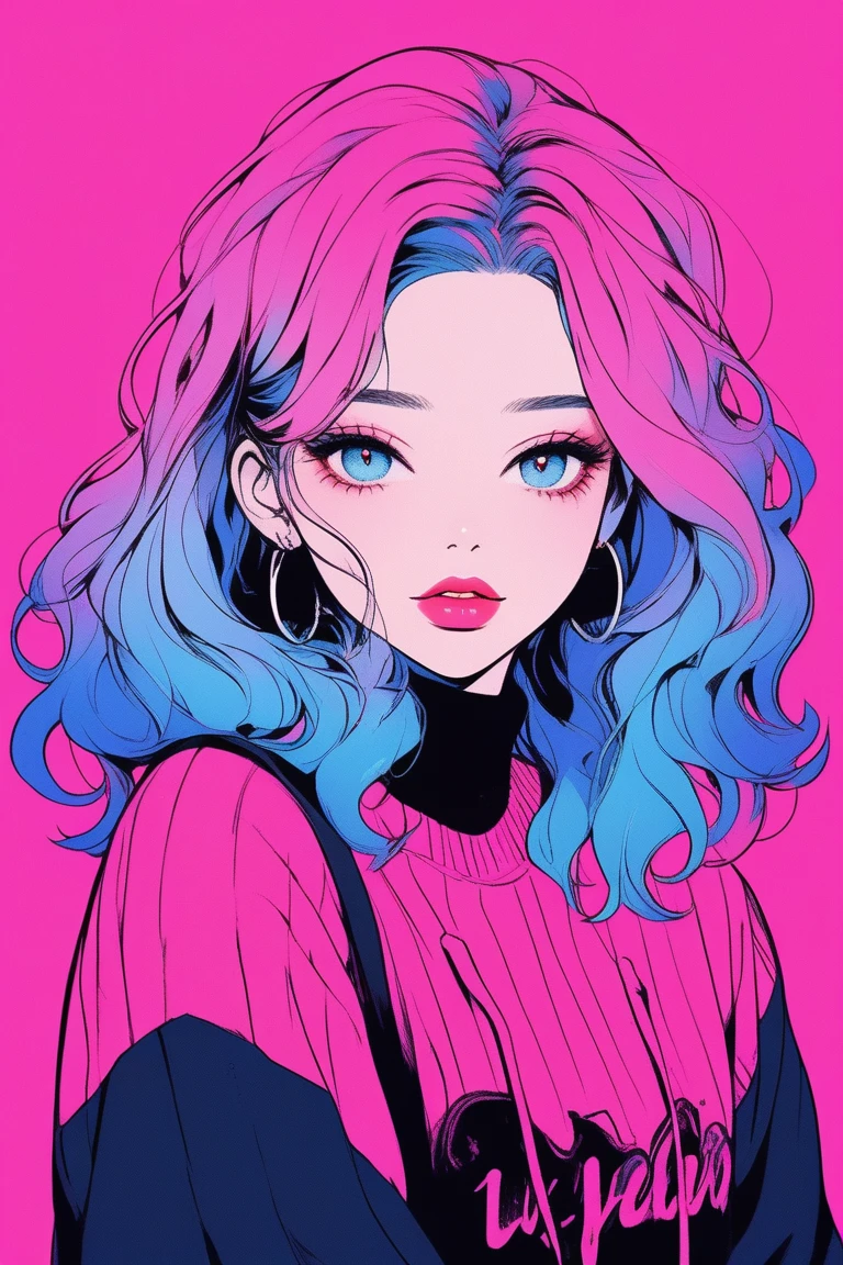 (best quality, sketch:1.2),realistic,illustrator,anime,1 girl, detailed lips,sweater,custom,blue gradient background,neon hair,textured cropping,Canadian, masterpiece, style retro classic, noir dark 