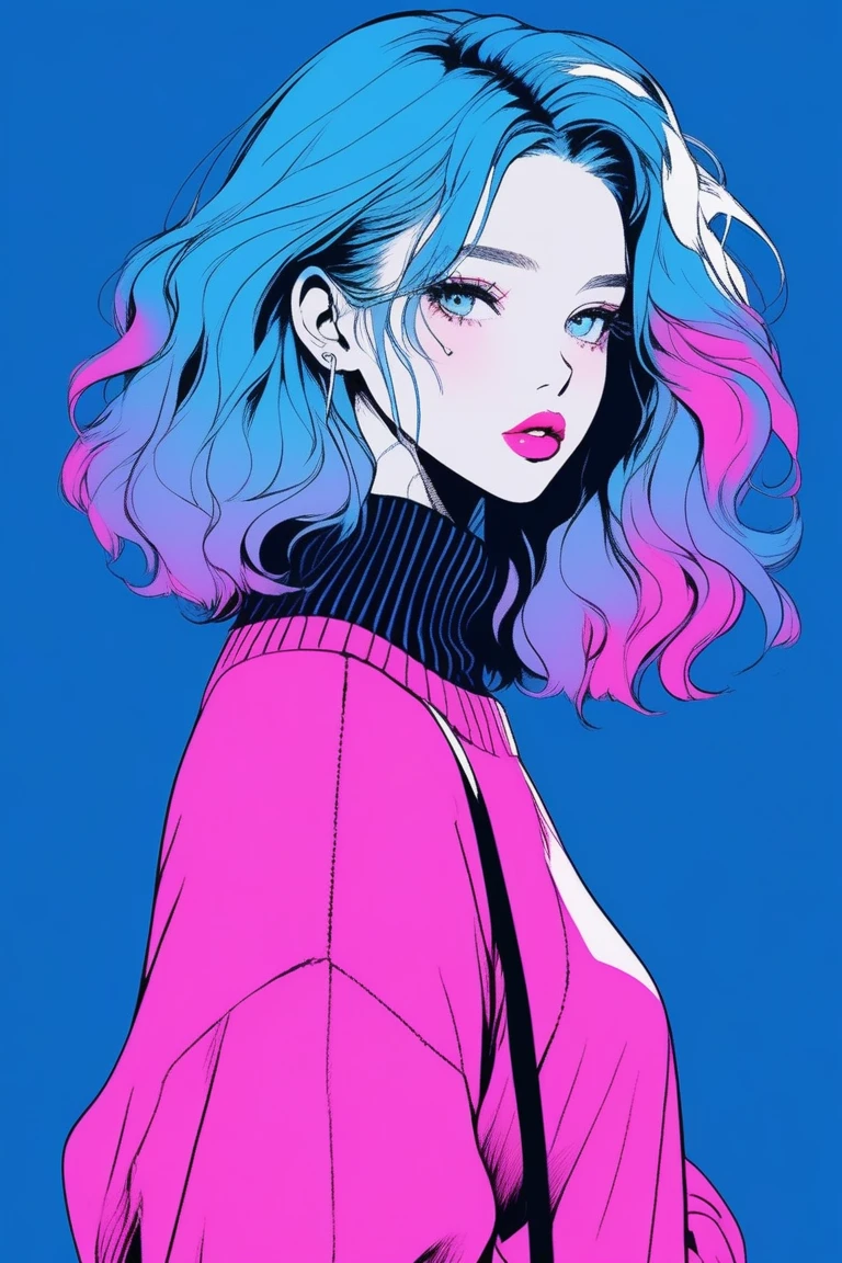 (best quality, sketch:1.2),realistic,illustrator,anime,1 girl, detailed lips,sweater,custom,blue gradient background,neon hair,textured cropping,Canadian, masterpiece, style retro classic, ???? dark