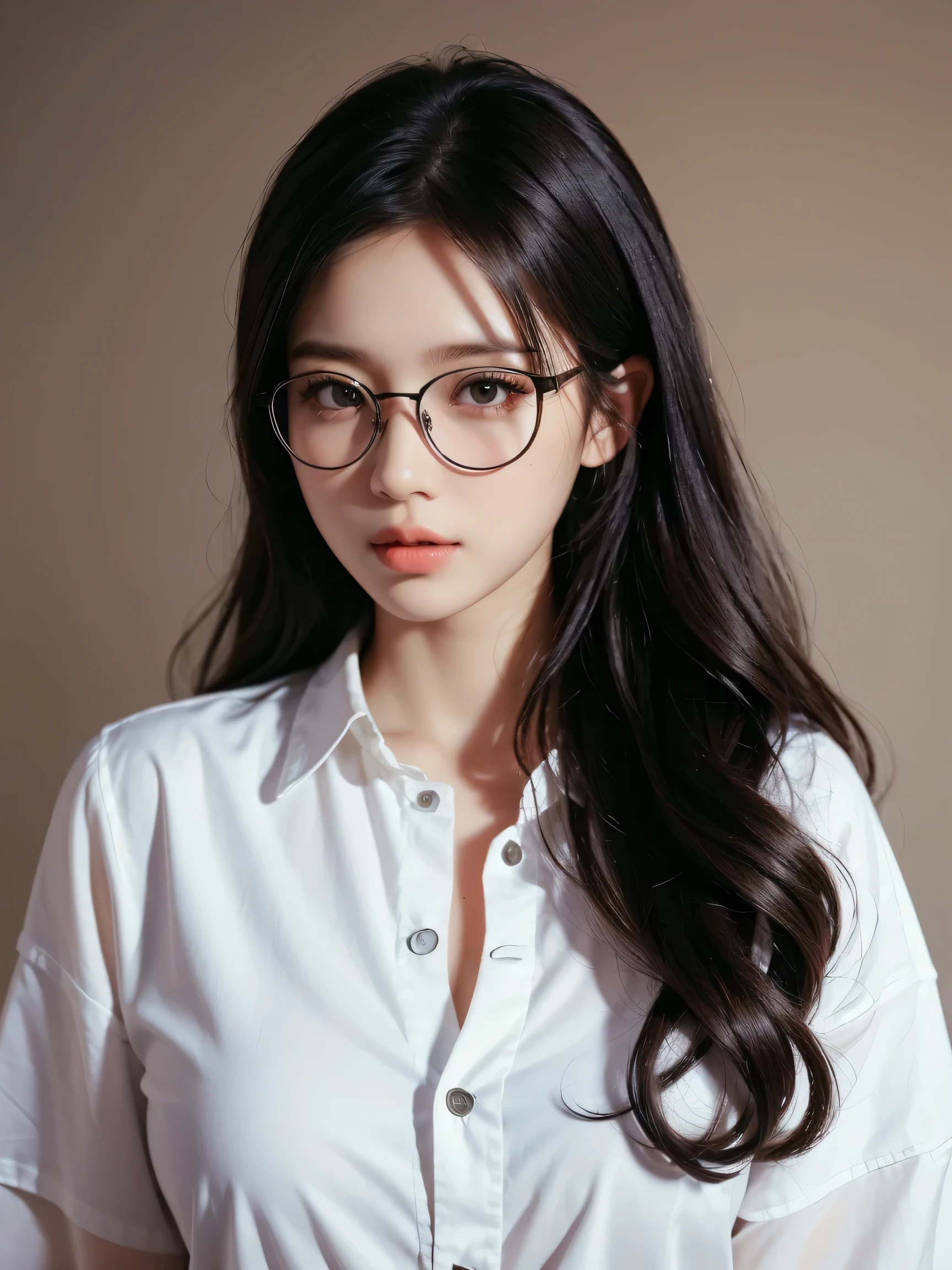 8k, realistic photo, realistic facial skin, girl, long black hair, glasses, white shirt, solo, curly hair, 1girl, (masterpiece, best quality, extremely detailed), photorealistic, asian