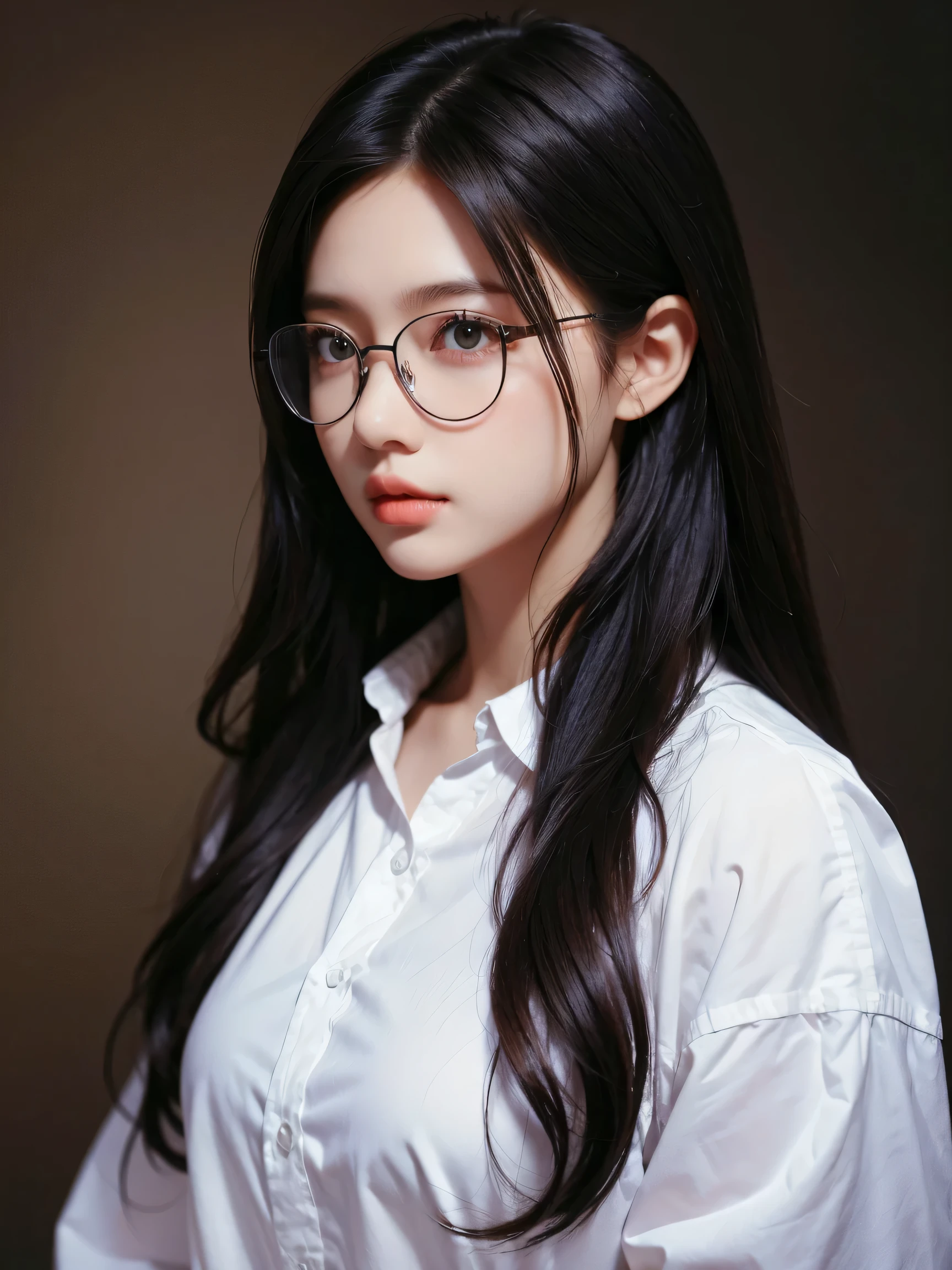 8k, realistic photo, realistic facial skin, girl, long black hair, glasses, white shirt, solo, curly hair, 1girl, (masterpiece, best quality, extremely detailed), photorealistic, asian