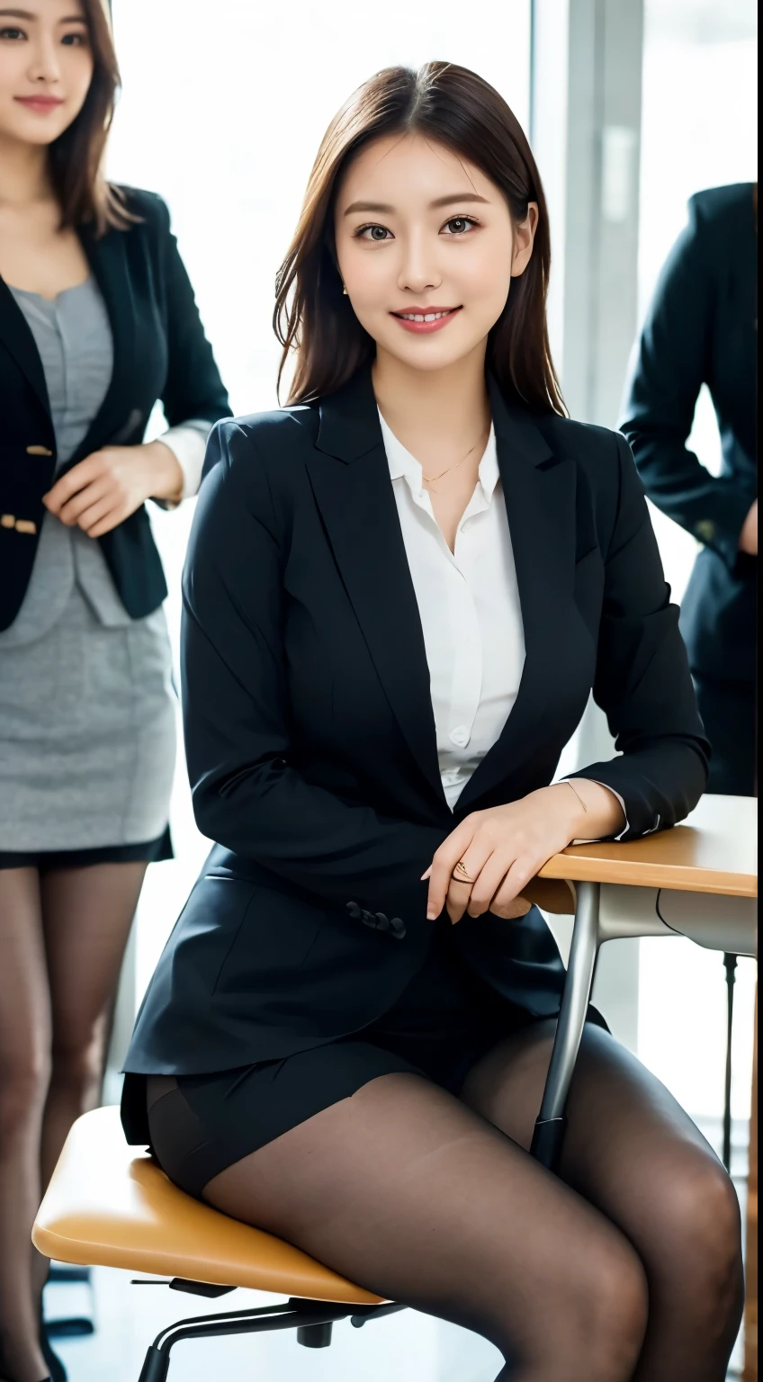 ulzzang-6500-v1.1, (RAW Photos:1.2), (Photorealistic), (Genuine:1.4), (Mastepiece), masterpiece, Absurd, The finer details, High resolution, Highly detailed face and eyes, Photorealistic, 白いbusiness suitを着たエレガントな女性, (Beautiful feet、Thighs Thighs Thighs Thighs、Black Pantyhose)、sitting at a desk in an office、厳格な白いbusiness suitを着用, Luxury Suits, Girl in suit, Girl in suit, Dressed in a strict suit, Elegant suits, Ekaterina, business suitを着て, business suit, business suitを着用する, smile、Meeting Preparation、Vivid details, Super Detail, Realistic skin texture, Detailed aspect, Beautiful details in the eyes, (Detailed Background:1.2),Glowing Skin、Exposed thighs!!!