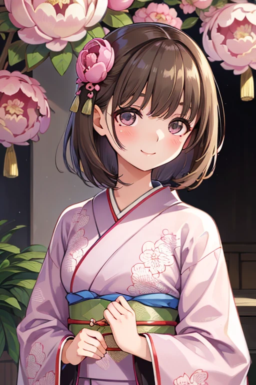Shiny brown hair, short hair, Brown eyes、smile、
((masterpiece)), ((highest quality)), (Very detailedな), ((Very detailed)), 4K, (8k), highest quality, (beautiful), Focus on face 0, pretty girl, One girl, alone, ((beautiful eyes))0, Wear a blushing kimono, Detailed Cloth, Haori, Dressed, Very detailed and luxurious clothing
(A perfect kimono with beautiful details:1.4,Peony pattern,No exposure:1.6), (Gazing into the distance,smile:1.3), Japanese garden:1.2,little bird 1:,Wind-power generation:0.7