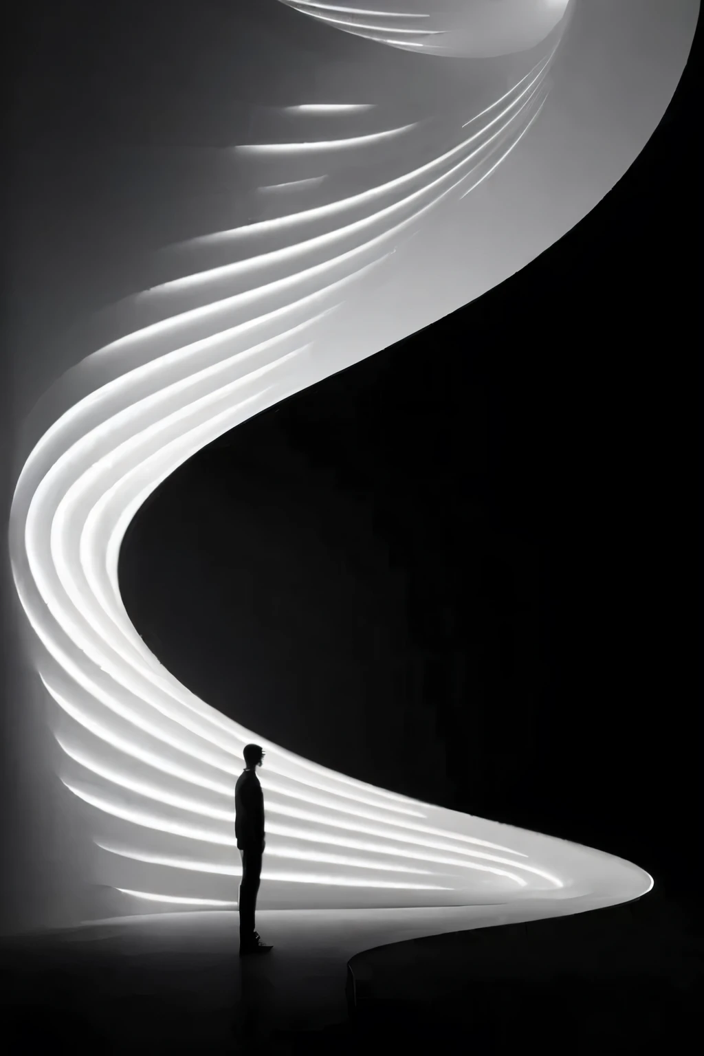 Black and White Photography,A man stands in front of a white spiral light, by Zha Shibiao, jon sibal. Volumetric Light, Web portals. Zaha Hadid, Volumetric Light , Surreal, Inspired by Ryoji Ikeda, Futuristic lighting, Amazing lighting effects, light art, Surreal lighting, Volumetric Lighting futuristic, Futuristic dramatic lighting, inspired by Zha Shibiao