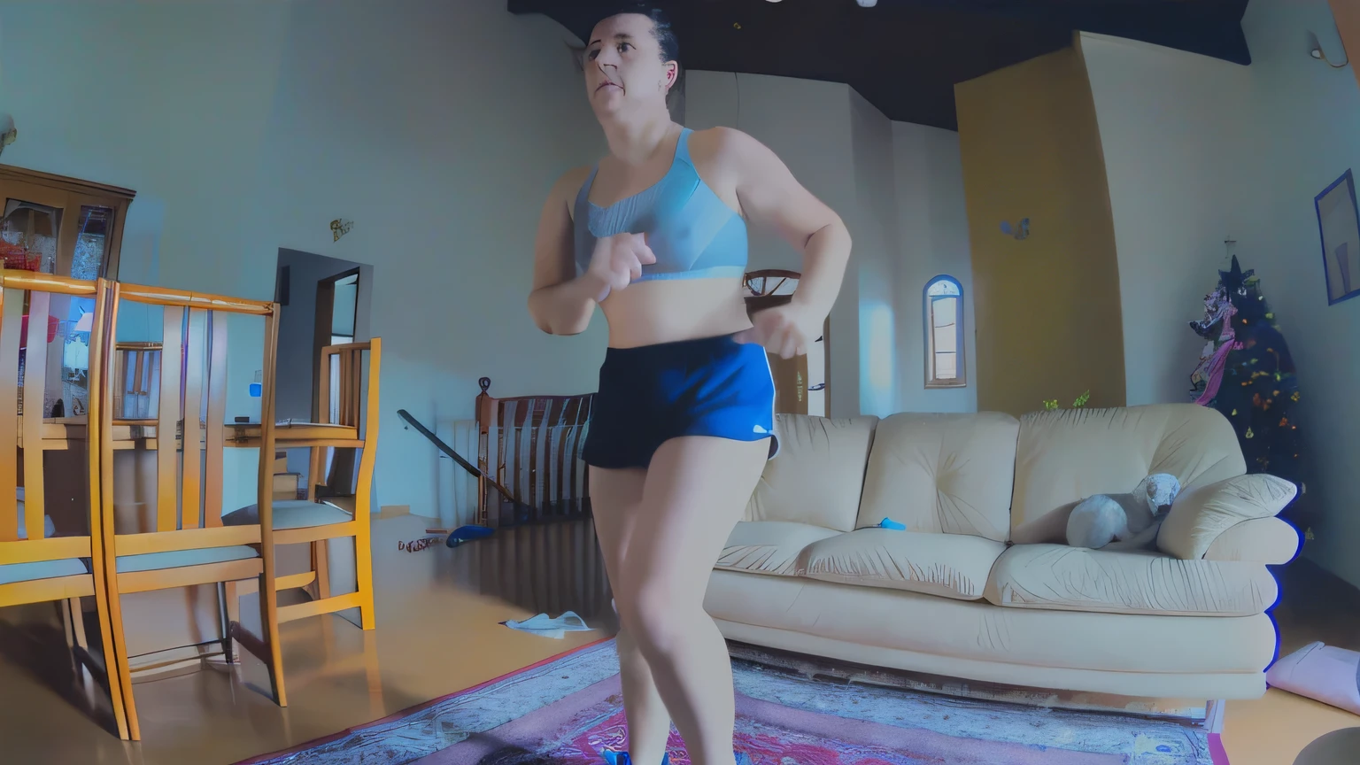 there is a woman in a blue top and black shorts running, sweaty 4 k, running towards camera, working out, running towards the camera, running fast towards the camera, lunging at camera :4, shot on gopro9, jumping towards viewer, athletic footage, low quality video, low quality footage, sweating intensely, cottagecore!! fitness body