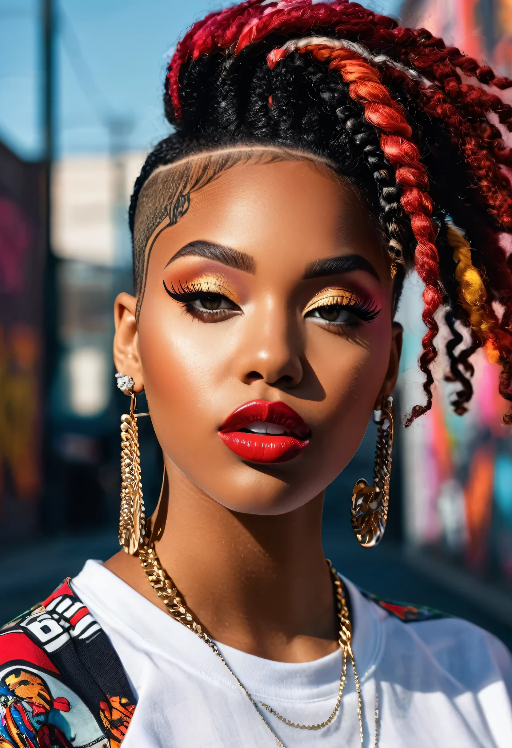 (best quality,4k,8k,highres,masterpiece:1.2),ultra-detailed,(realistic,photorealistic,photo-realistic:1.37),hip hop fashion,portrait,colorful,retro,vibrant colors,pixelated style,detailed facial features,expressive eyes and lips,urban background,stylish clothing,cool poses,graffiti details,shiny accessories,cultural elements,street art vibes,dynamic lighting,creative composition,striking contrasts,stylized hair,funky patterns,oldschool vibes,confident expressions,energetic atmosphere,hip hop music influence,playful attitude,urban fashion trends,artistic expression,emotionally charged,uniqueness and individuality,lively characters,positive energy,detailed textures,street style fashion,eye-catching poses,authentic representation,creative .