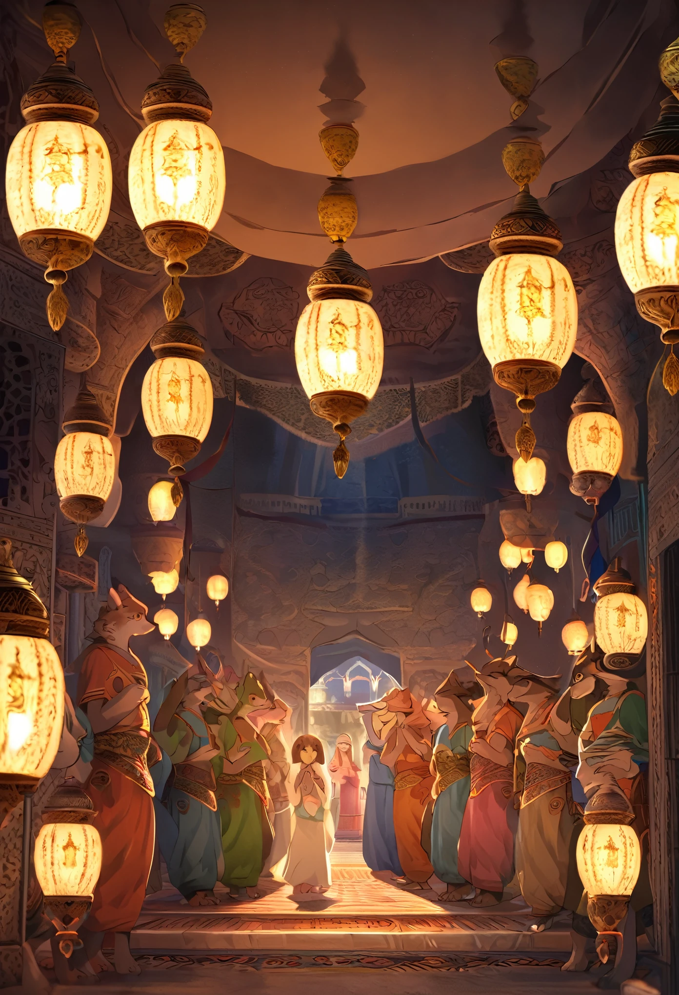 top quality, best quality, High-quality illustrations, masterpiece, super high resolution, detailed background, detailed background, The Arabian Nights' Entertainment, turkish lamp, 6+boys, 6+girls, absurdres(highly detailed beautiful face and eyes)perfect anatomy, expression, good lighting, cinematic shadow(kemono, furry anthro),