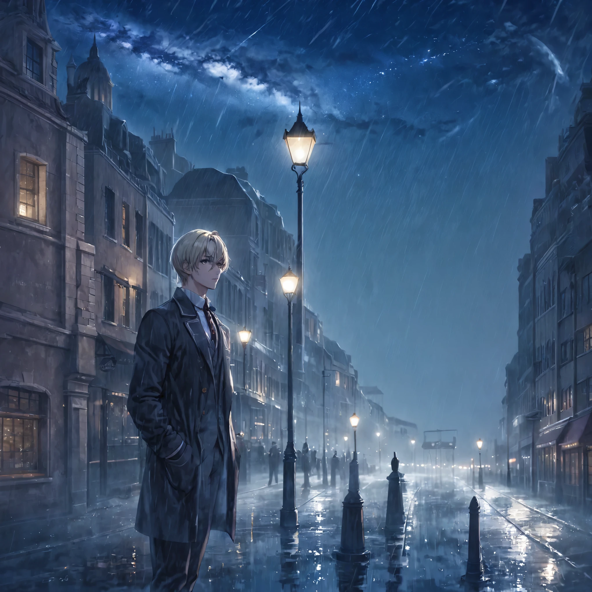 Perfect face, gentlemanly 28 year old man, milk beige hair color, oil pastel look, looking up at the night sky in the rain, chic atmosphere, pale light of a street lamp in the background, --niji 5, 4k