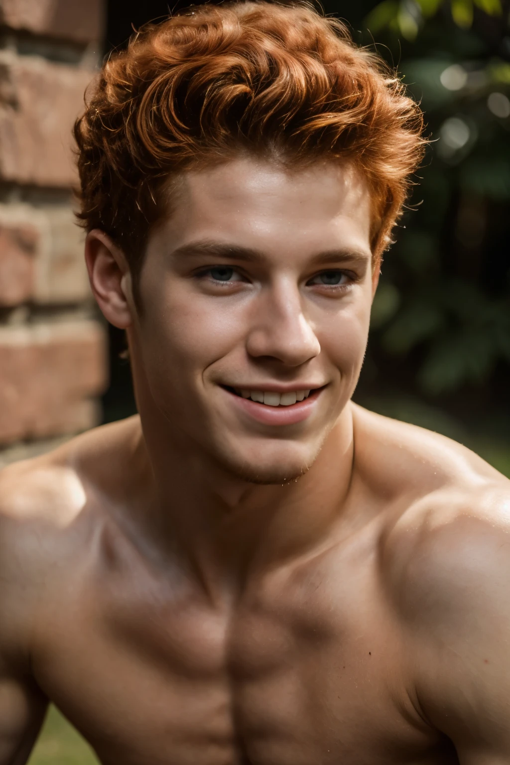 (best quality,4k,8k,highres,masterpiece:1.2),ultra-detailed,(realistic,photorealistic,photo-realistic:1.37),1 male model,albino skin color,red hair, curly red hair,boy smiling,doing male poses, detailed face, he is a very masculine and sexy man, slim muscular build, model is ************, thick and strong biceps, front pase photo 