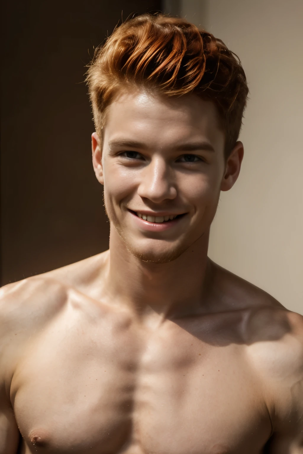 (best quality,4k,8k,highres,masterpiece:1.2),ultra-detailed,(realistic,photorealistic,photo-realistic:1.37),1 male model,albino skin color,red hair, curly red hair,boy smiling,doing male poses, detailed face, he is a very masculine and sexy man, slim muscular build, model is 17 years old, thick and strong biceps, front pase photo 