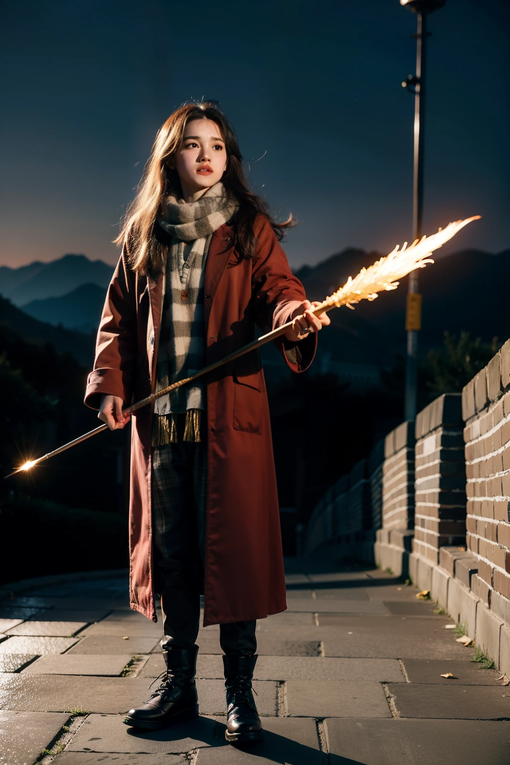 ,Hermione, the protagonist of the Harry Potter movies,Dressed in Hogwarts wizarding attire,Red and yellow checkered scarf,Stand on the Great Wall,He raised his magic wand and a Chinese dragon appeared.
