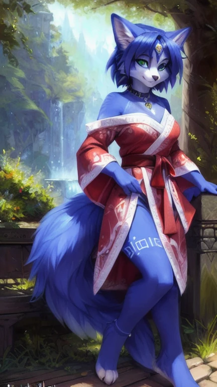 A beautiful and detailed (cute full body portrait) von ((Krystal)), Sternenfuchs Krystal, Schlank, liebenswert, green eyes, medium breasts, (((Lange blaue Haare 1.3))),  ((schwarze haarspitzen)), Dekollete, Grinsen, hoch schauen,, anthro, Pelzig, Hochgeladen E621, detailed flauschige fur, (von Fluff-Kevlar, Bayard Wu, personalami, Pino Daeni), detailliertes Gesicht, (flauschige), 1 girl, Allein, wears a kimono, befindet sich in einem japanischen dorf