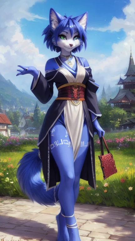A beautiful and detailed (cute full body portrait) von ((Krystal)), Sternenfuchs Krystal, Schlank, liebenswert, green eyes, medium breasts, (((Lange blaue Haare 1.3))),  ((schwarze haarspitzen)), Dekollete, Grinsen, hoch schauen,, anthro, Pelzig, Hochgeladen E621, detailed flauschige fur, (von Fluff-Kevlar, Bayard Wu, personalami, Pino Daeni), detailliertes Gesicht, (flauschige), 1 girl, Allein, wears a kimono, befindet sich in einem japanischen dorf