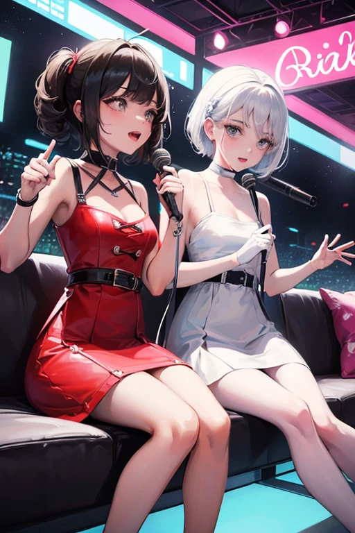 Two girls,in karaoke box,sitting sofa,have a microphones and singing karaoke,black hair and short hair,white hair and short hair,singing happily