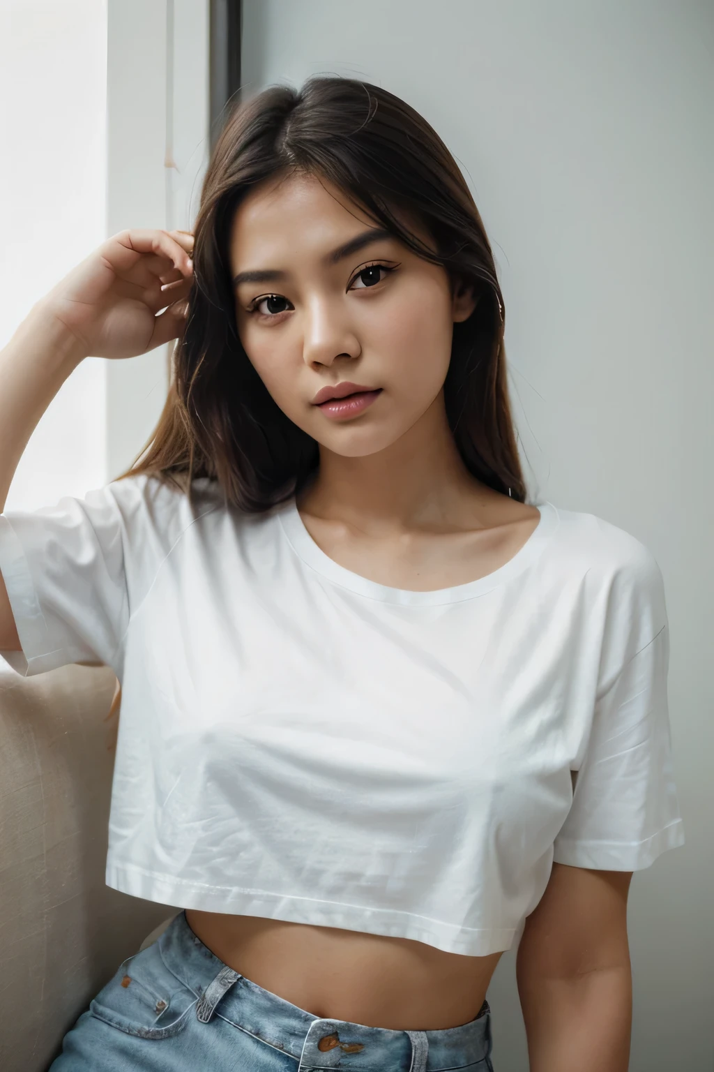 perfect face,4K,details, Super realistic, Young woman, white t-shirt , beautiful face,Asian girls are very beautiful,Pose, film camera photography