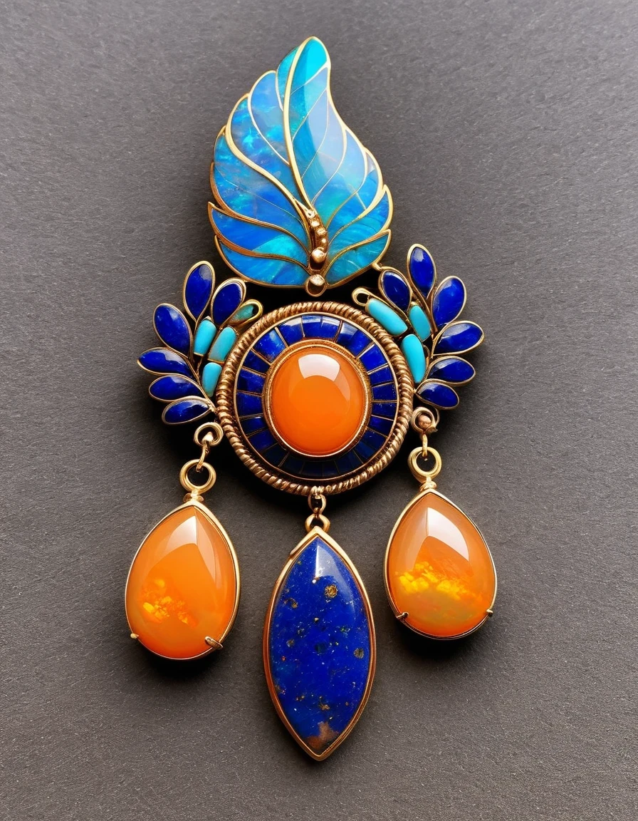 Feather ball ring design，Blue orange opal，Minimalism，abstract，Indian elements，The matching stones are small amounts of lapis lazuli and turquoise，Clams，feather，gem，Old，Soft Light，in style of Ming Dynasty period ，Cloisonne Art，