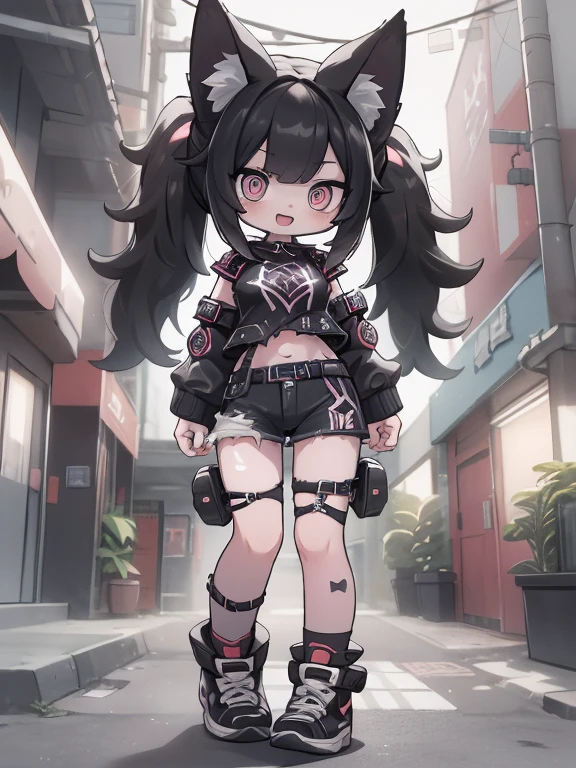 2D,solo,1woman\(cute,kawaii,small kid,evil smile,floating hair,messy hair,(black hair:1.2),long hair,twin tails hair,pale skin,skin color blue,red eyes,eyes shining,big eyes,(ripped clothes:1.5),tight tube top,(breast:1.4),tight hot pants,(dynamic pose:1.7),(stomach shown:1.4),(punk fashion:1.4),fluffy black cat-ear,(dynamic pose:1.4),open mouth,better hands,Perfect Hands\), BREAK ,background\(outside,noisy city,backstreet,narrow street,(dark:2.0),neon lights\),[chibi],[nsfw:2.0],quality\(8k,wallpaper of extremely detailed CG unit, ​masterpiece,hight resolution,top-quality,top-quality real texture skin,hyper realisitic,increase the resolution,RAW photos,best qualtiy,highly detailed,the wallpaper/),