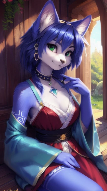 A beautiful and detailed (cute full body portrait) von ((Krystal)), Sternenfuchs Krystal, Schlank, liebenswert, green eyes, medium breasts, (((Lange blaue Haare 1.3))), ((schwarze haarspitzen)), Dekollete, Grinsen, hoch schauen,, anthro, Pelzig, Hochgeladen E621, detailed flauschige fur, (von Fluff-Kevlar, Bayard Wu, personalami, Pino Daeni), detailliertes Gesicht, (flauschige), 1 girl, Allein, wears a kimono, befindet sich in einem japanischen dorf